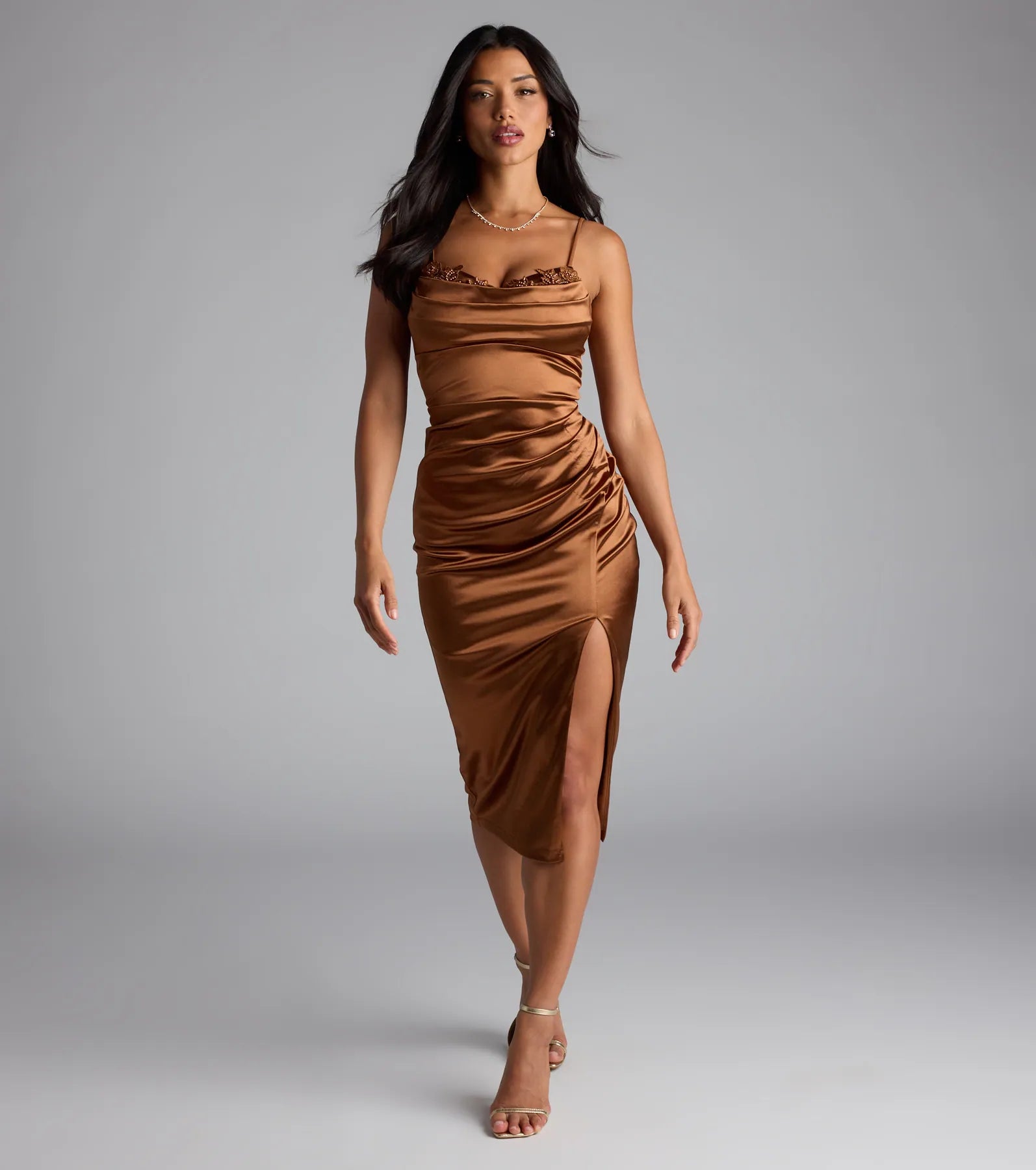 Clarice Applique Bodycon Satin Midi Formal Dress - Image 5