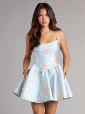 Jaelen Floral Lace-Up Skater Dress With Pockets