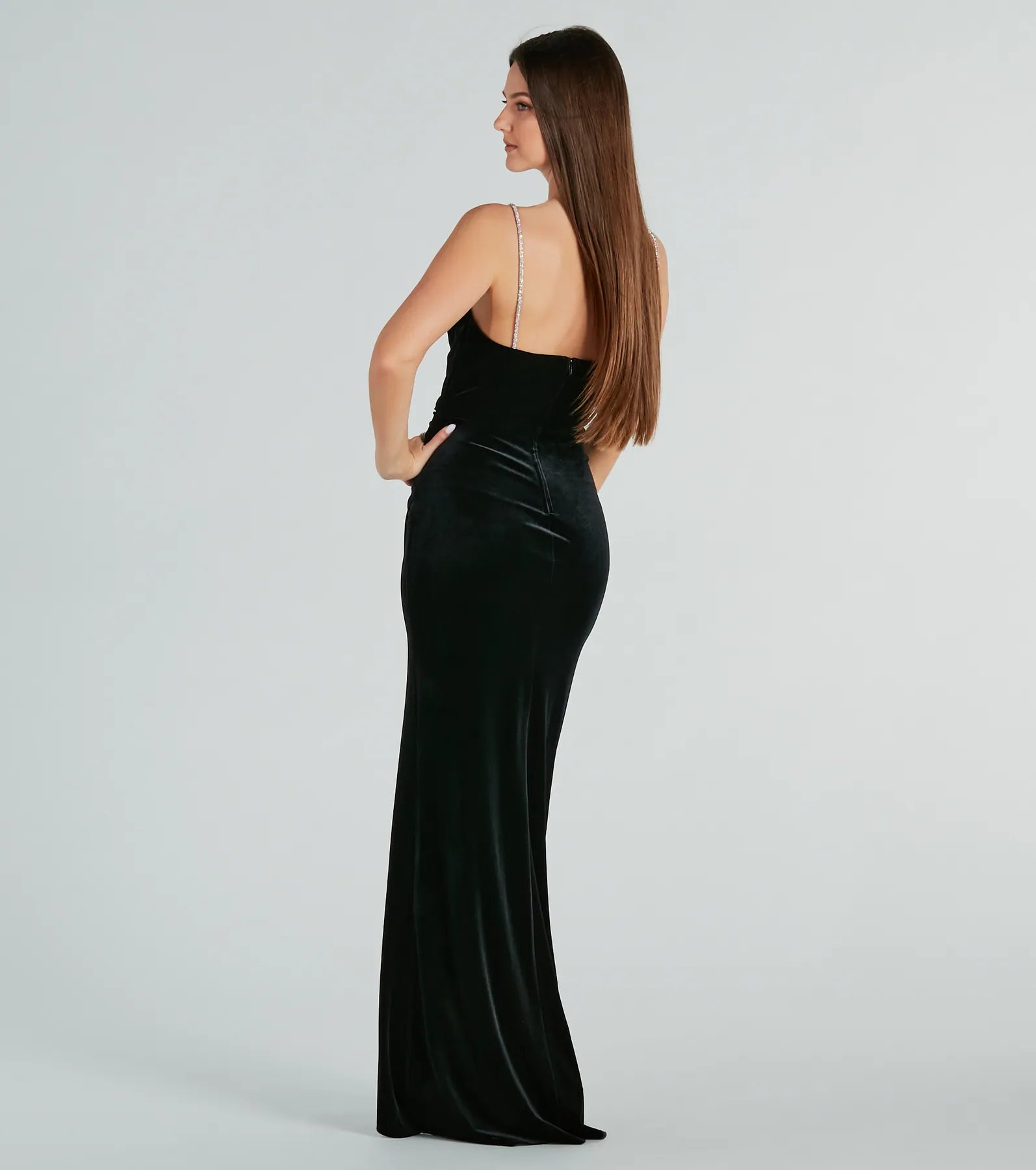 Elara Formal Velvet Rhinestone Strap Long Dress - Image 2