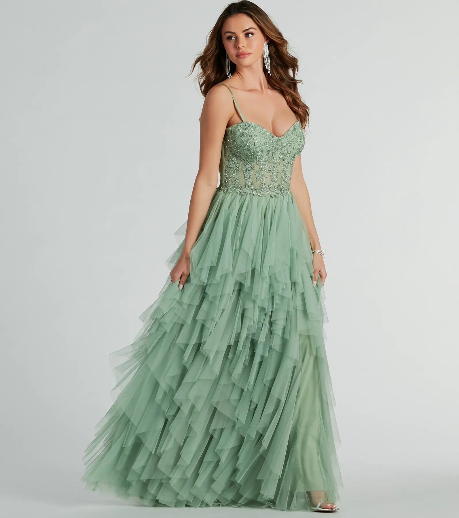 Keyla Floral Applique Tiered Ruffle Tulle Gown - Image 4
