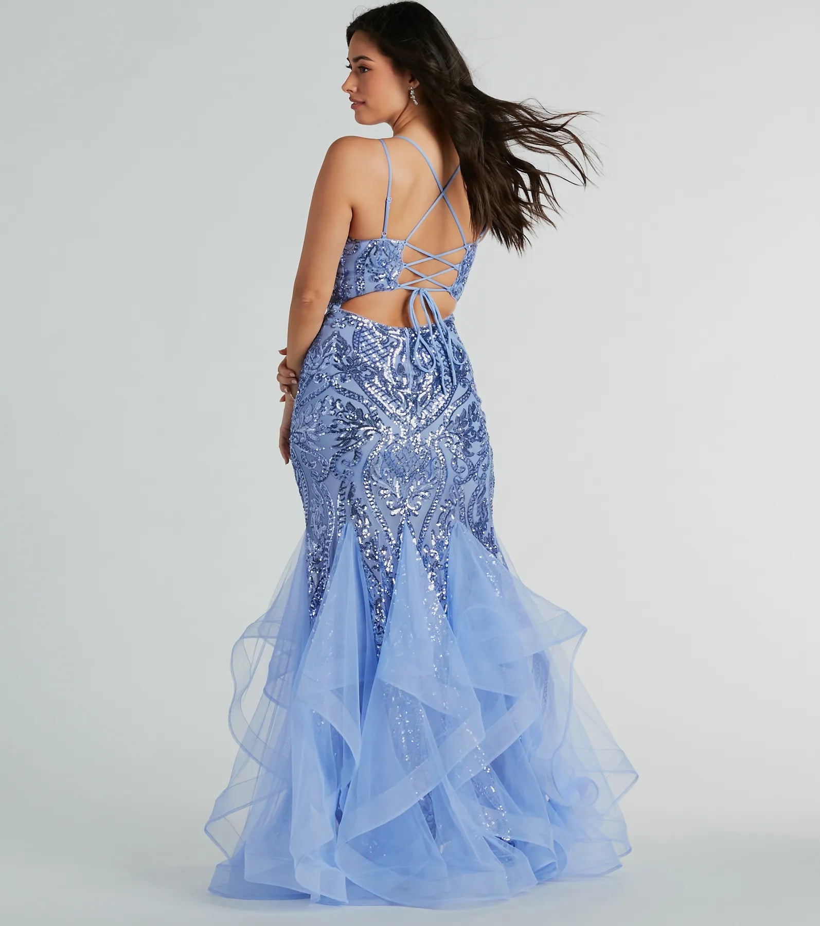Sylvia Lace-Up Mermaid Tulle Ruffle Sequin Dress - Image 9