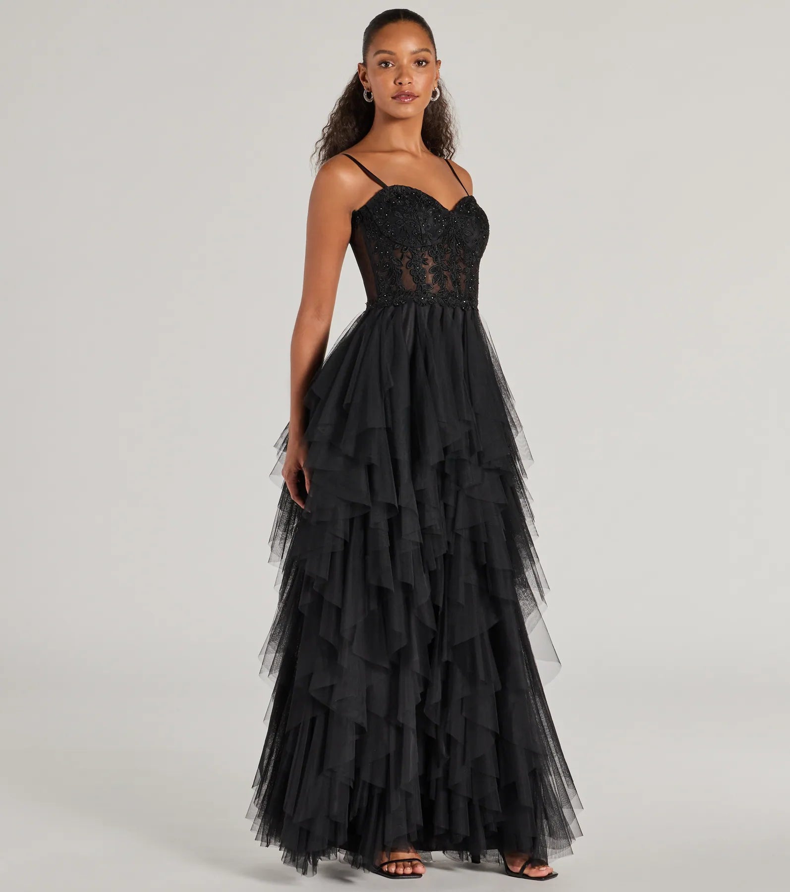 Keyla Floral Applique Tiered Ruffle Tulle Gown - Image 8