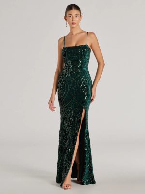 Lilia Sequin Velvet High Slit Column Dress