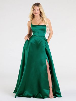 Brittany Lace-Up Slit A-Line Satin Formal Dress