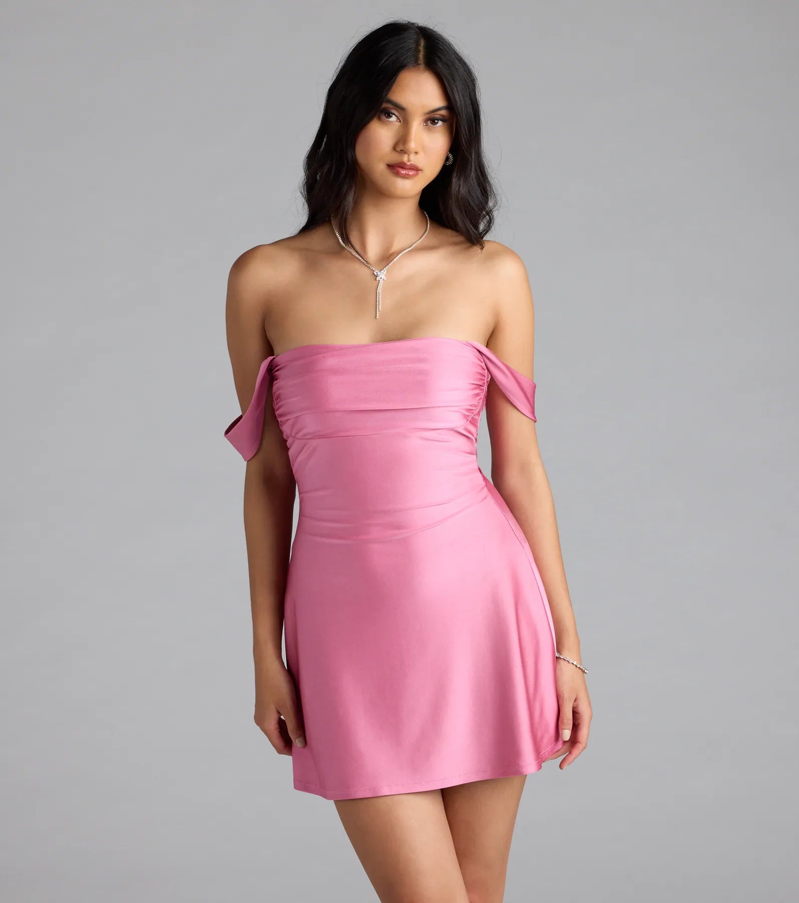 Classics Lover Off-The-Shoulder Satin A-Line Mini Dress - Image 17