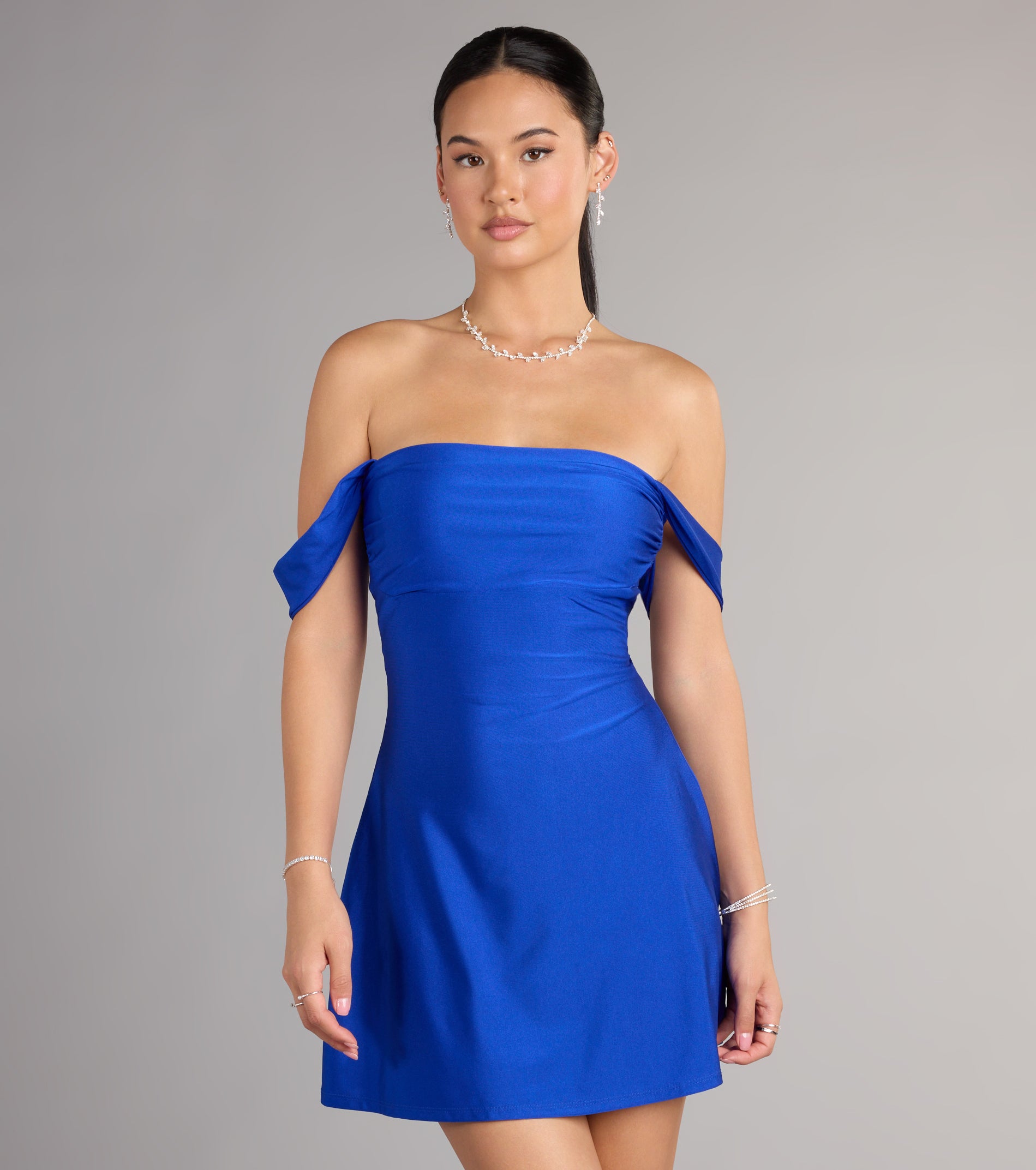 Classics Lover Off-The-Shoulder Satin A-Line Mini Dress - Image 22