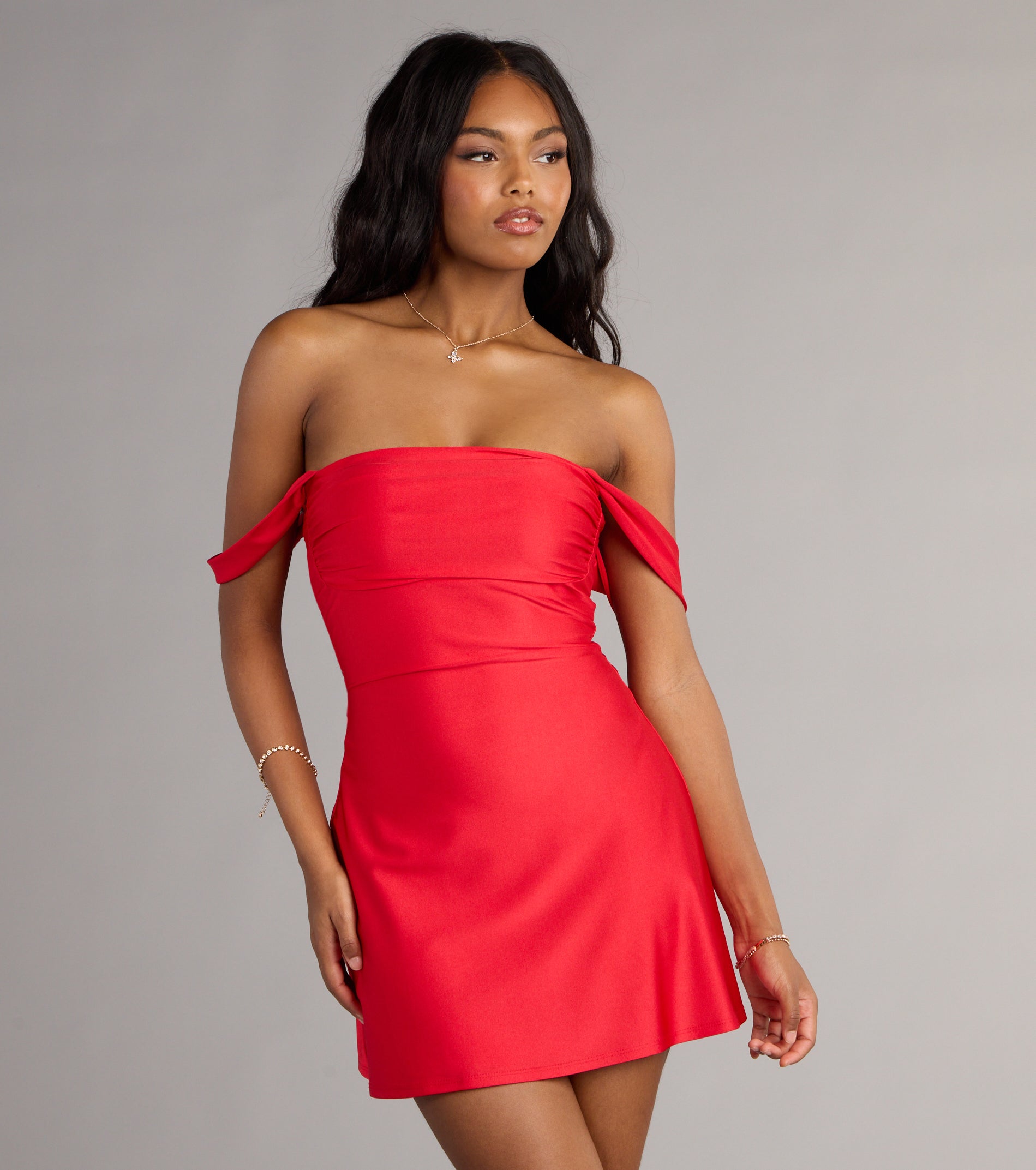 Classics Lover Off-The-Shoulder Satin A-Line Mini Dress - Image 33