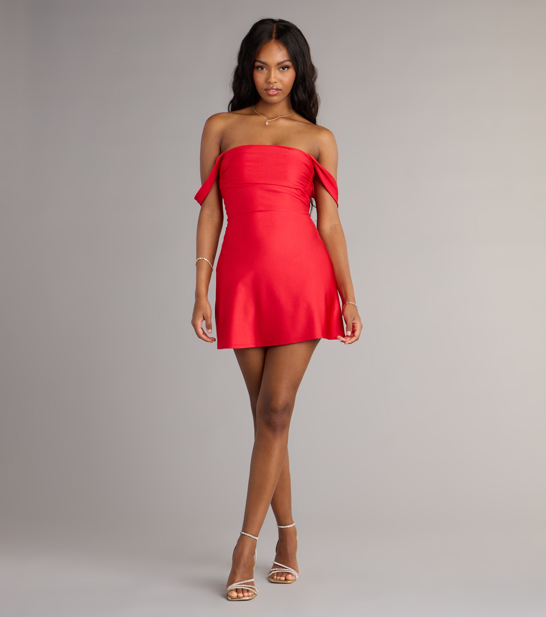 Classics Lover Off-The-Shoulder Satin A-Line Mini Dress - Image 36