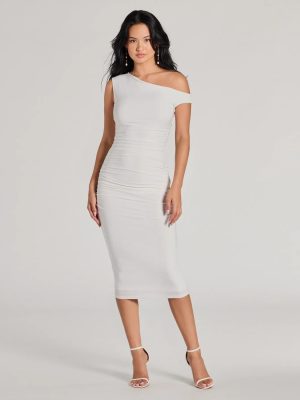 Easily Sultry Off-Shoulder Ruched Midi Dress