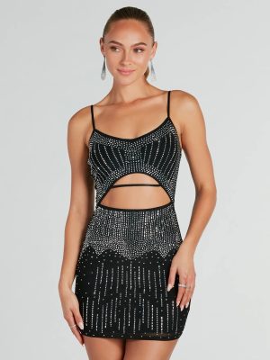 Glitzy Cutout Rhinestone Mesh Mini Party Dress