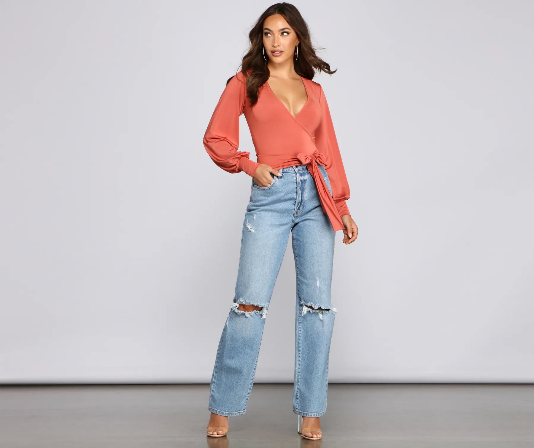 Slinky Knit Wrap Front Top - Image 55
