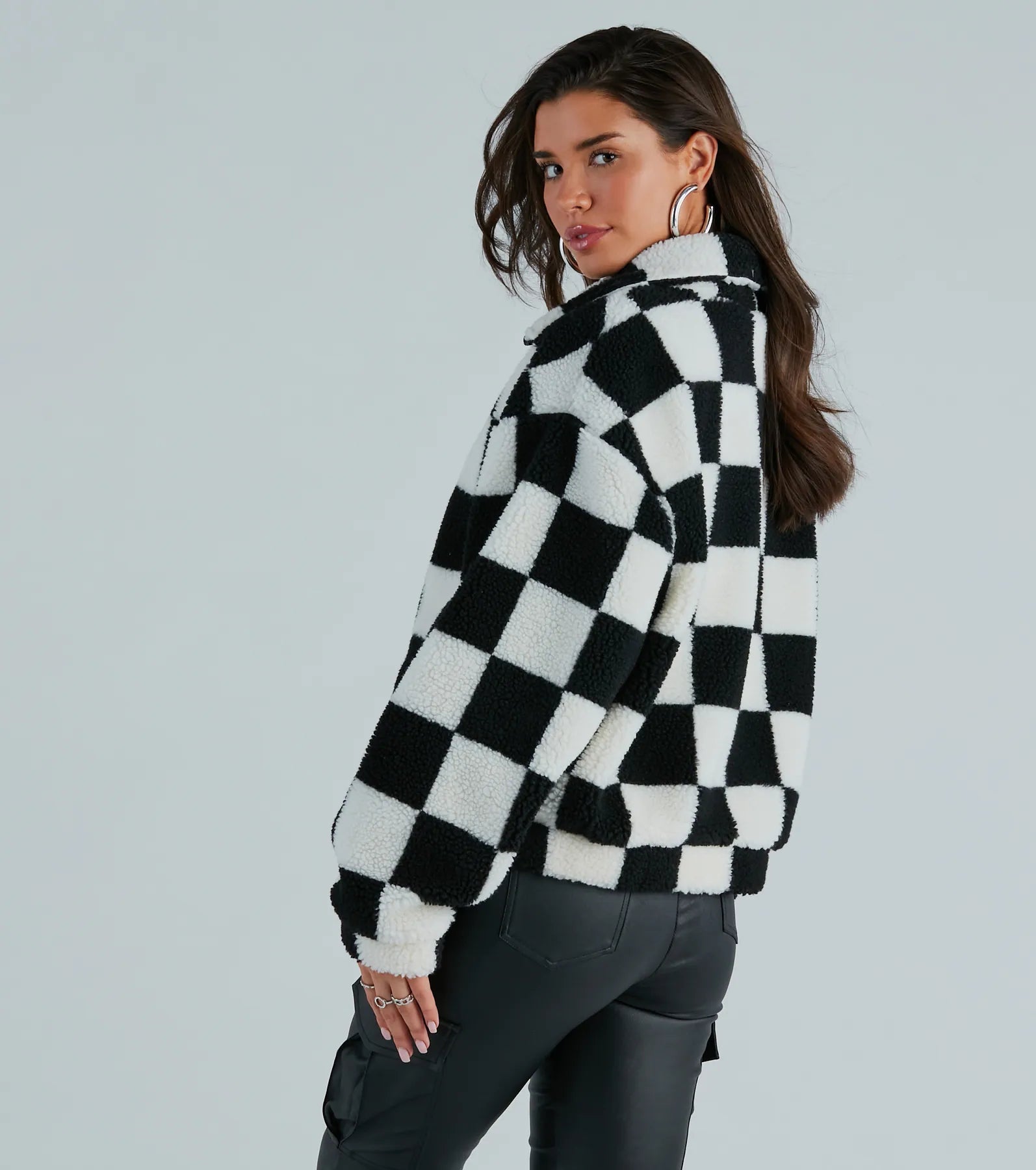 Coolness In Check Faux Sherpa Bomber Jacket - Image 2