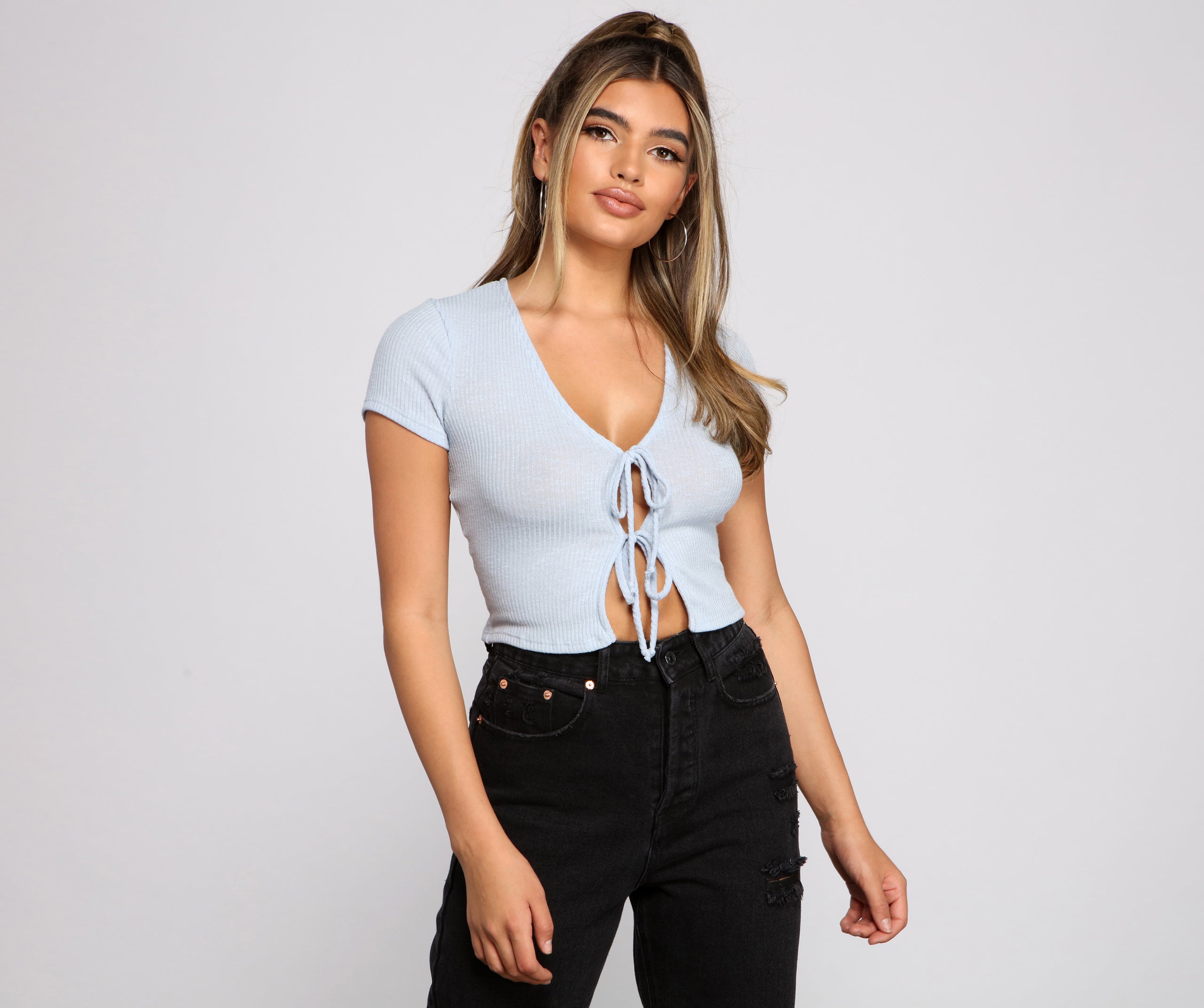 So Cheeky Ribbed Knit Tie Front Top - Image 5