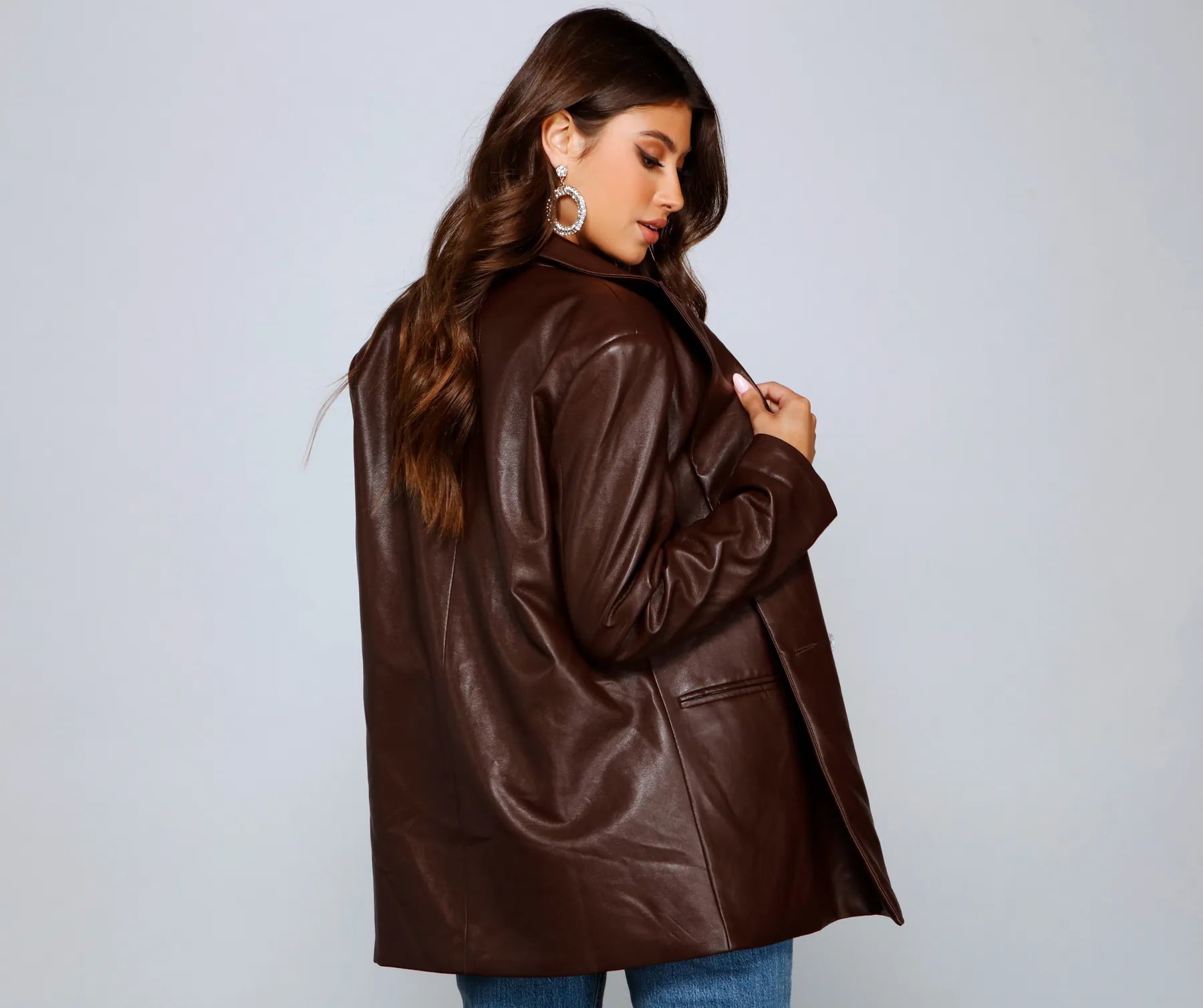 Trendy Oversized Faux Leather Blazer - Image 2
