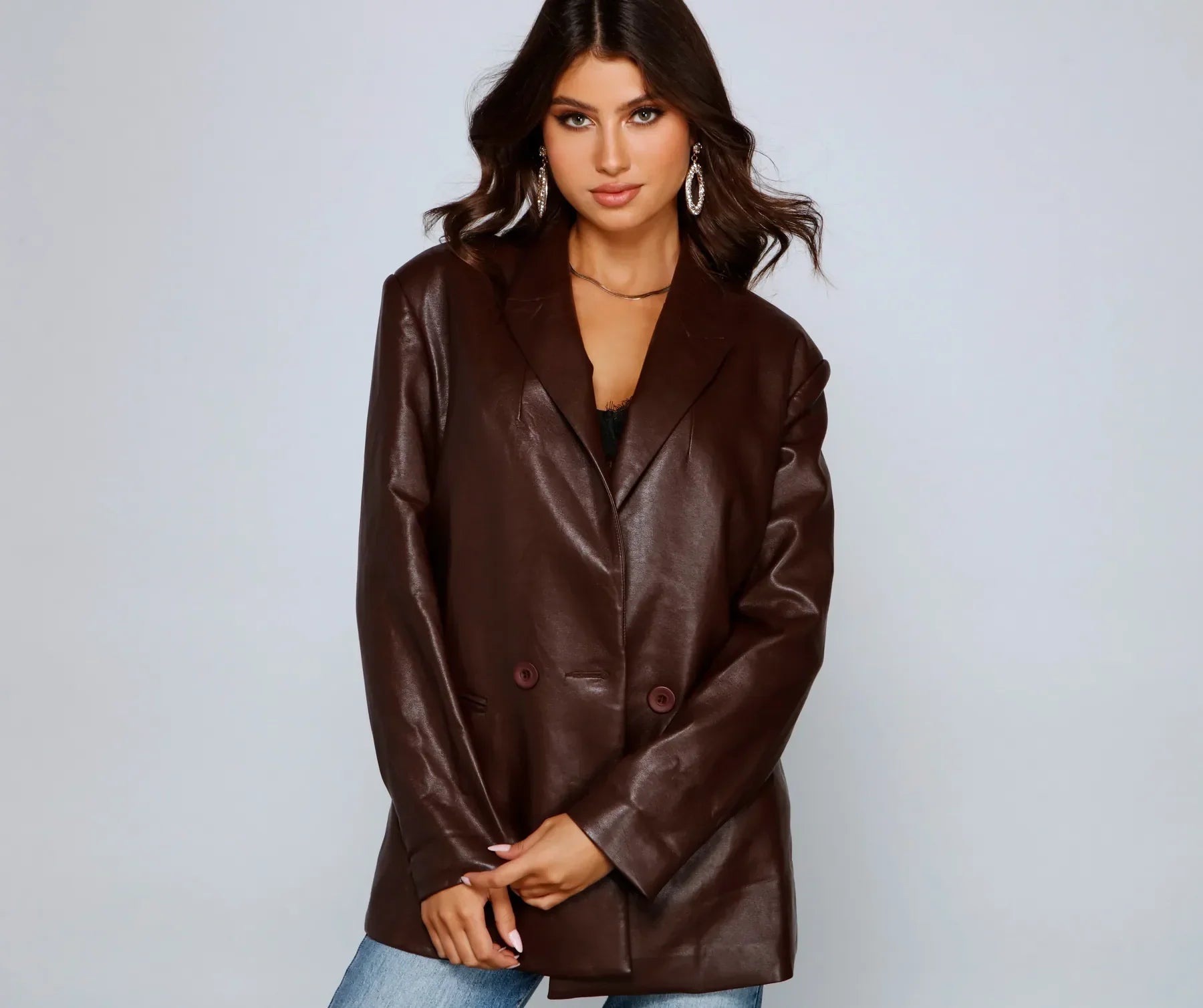 Trendy Oversized Faux Leather Blazer - Image 3