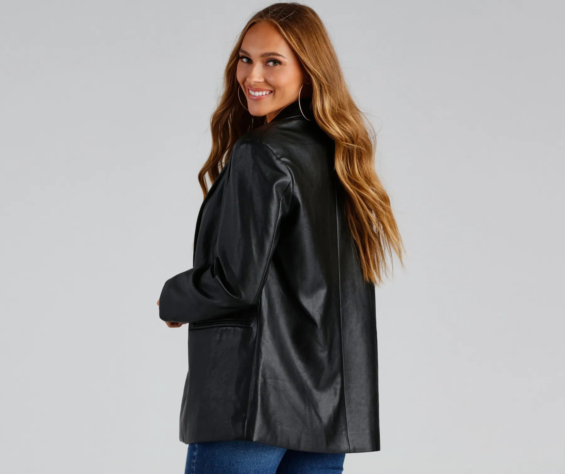 Trendy Oversized Faux Leather Blazer - Image 10