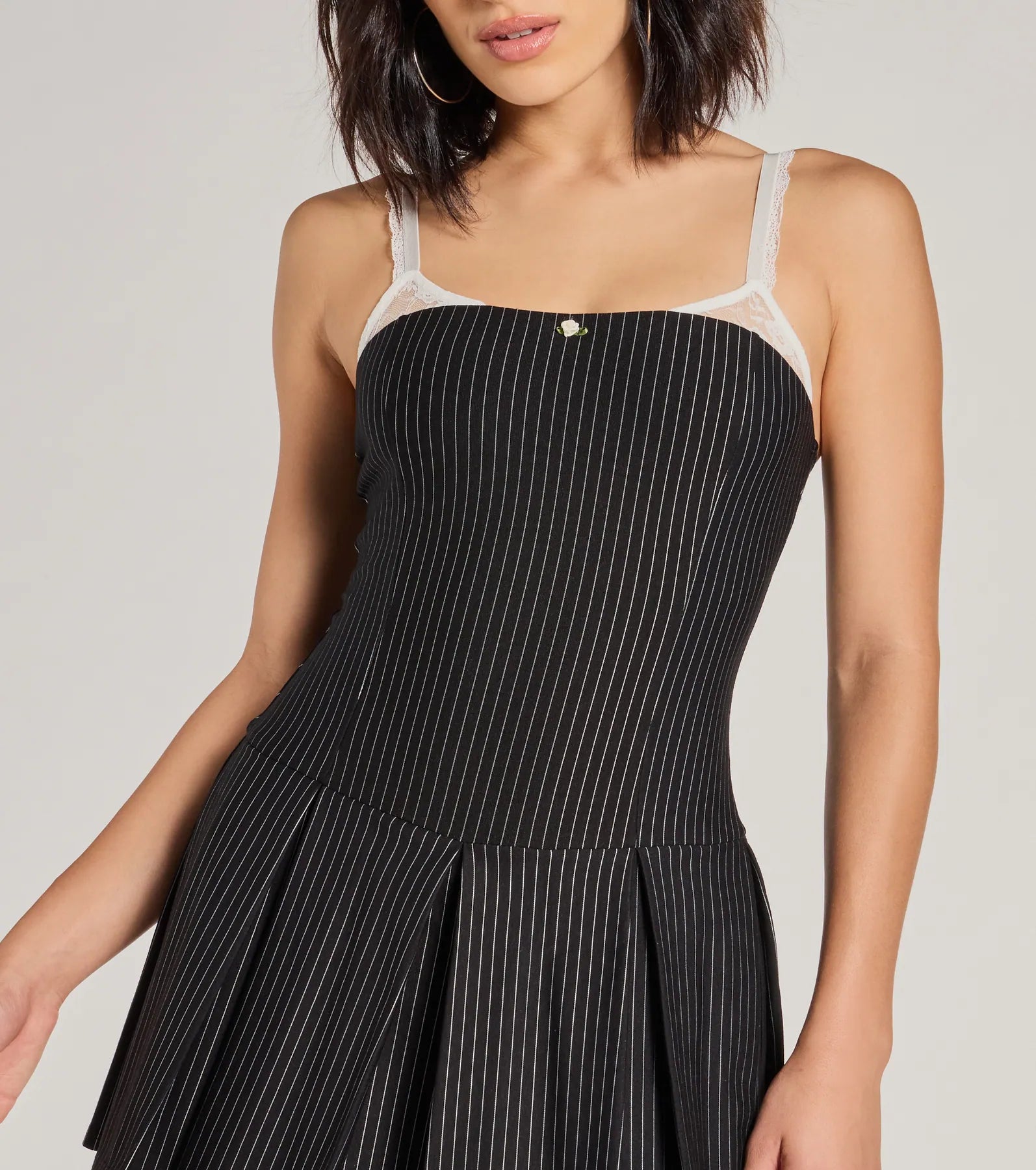 Chicest Look Pinstripe Pleated Drop Waist Romper - Image 4
