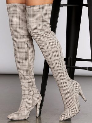 Plaid Thigh High Stiletto Boots