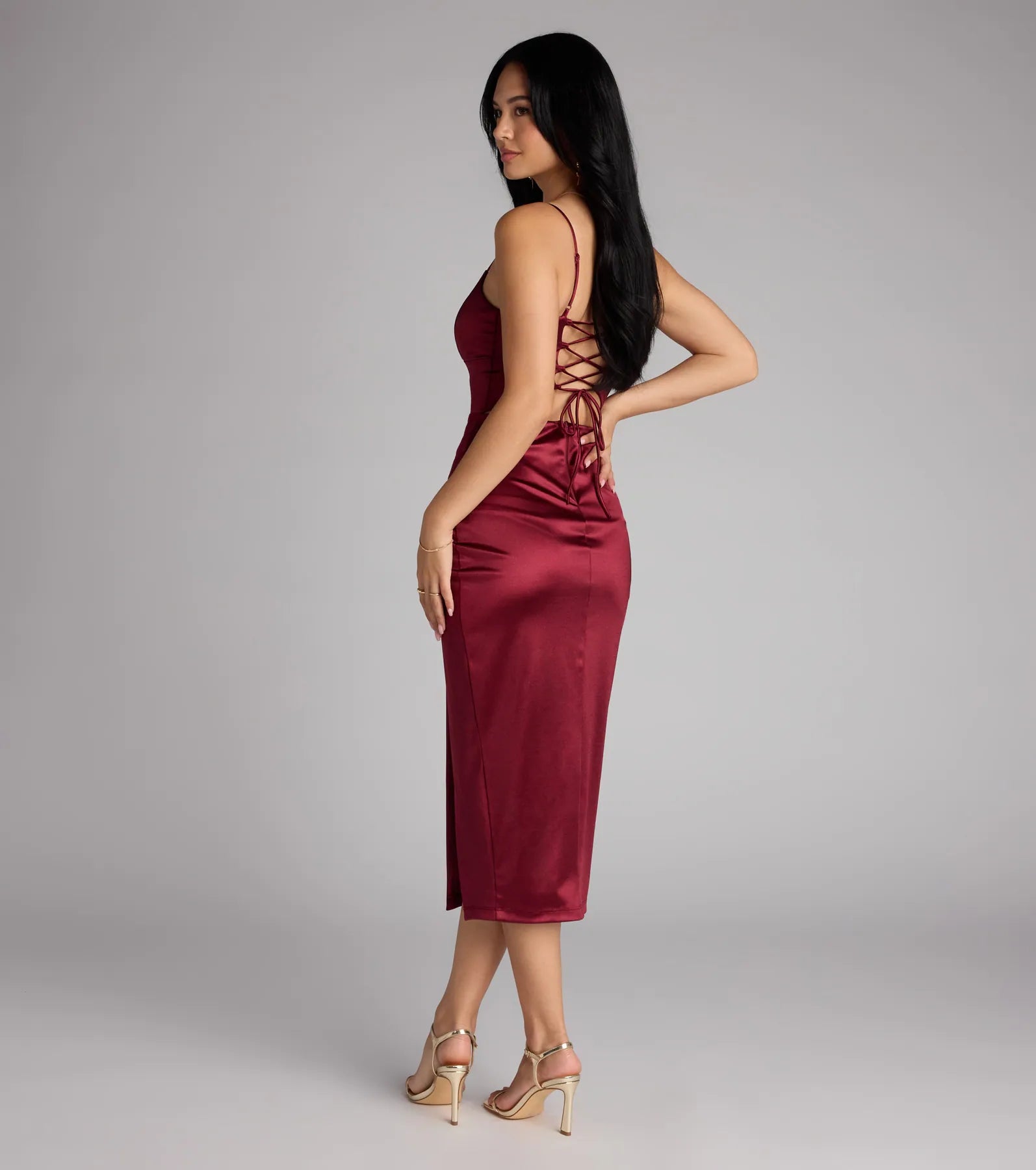 Tori Lace-Up Satin Midi Formal Dress - Image 2
