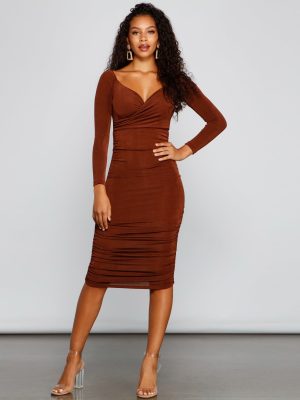 Melissa Long Sleeve Ruched Midi Dress