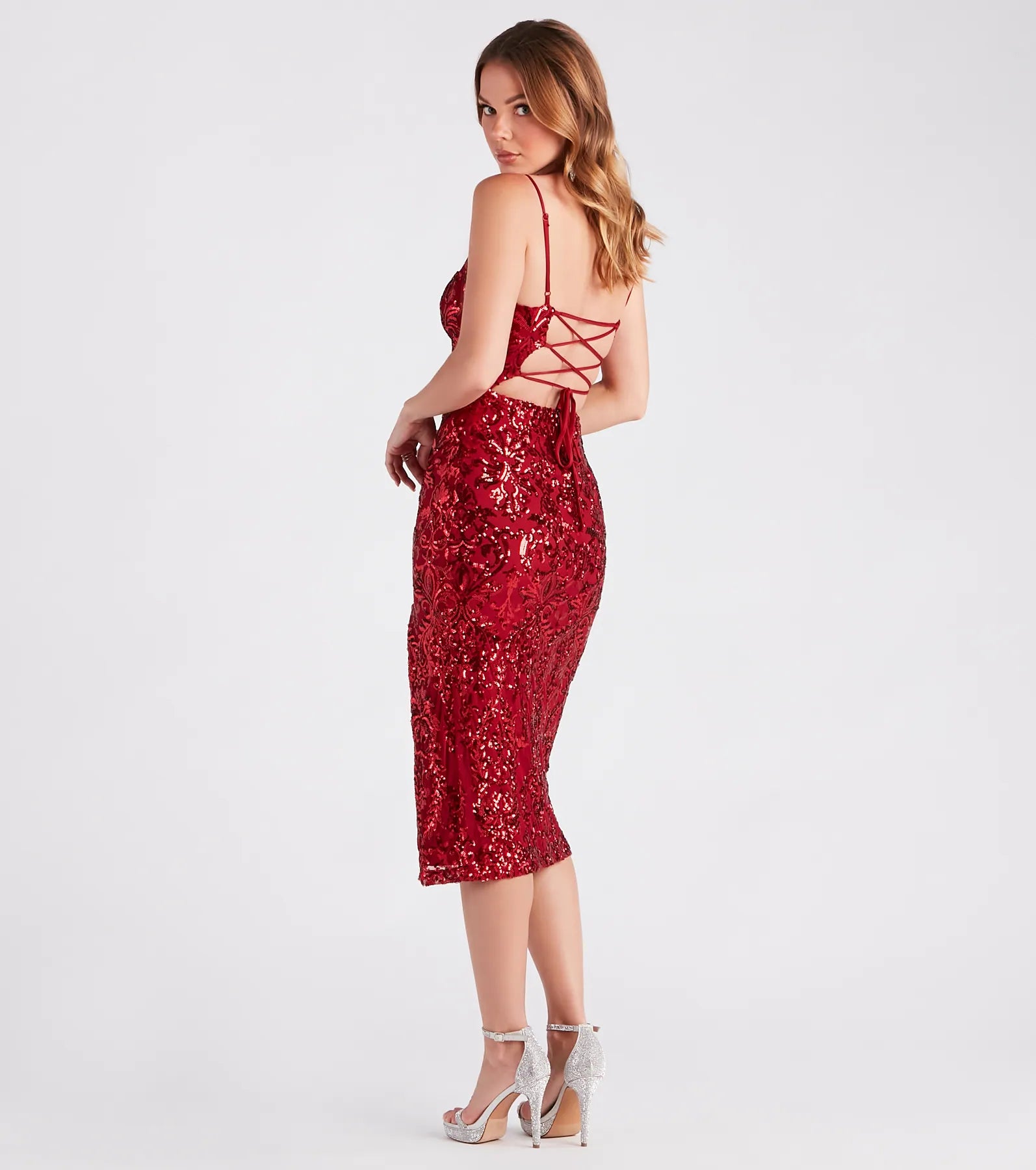 Kourt Formal Sequin Lace-Up Midi Dress - Image 6