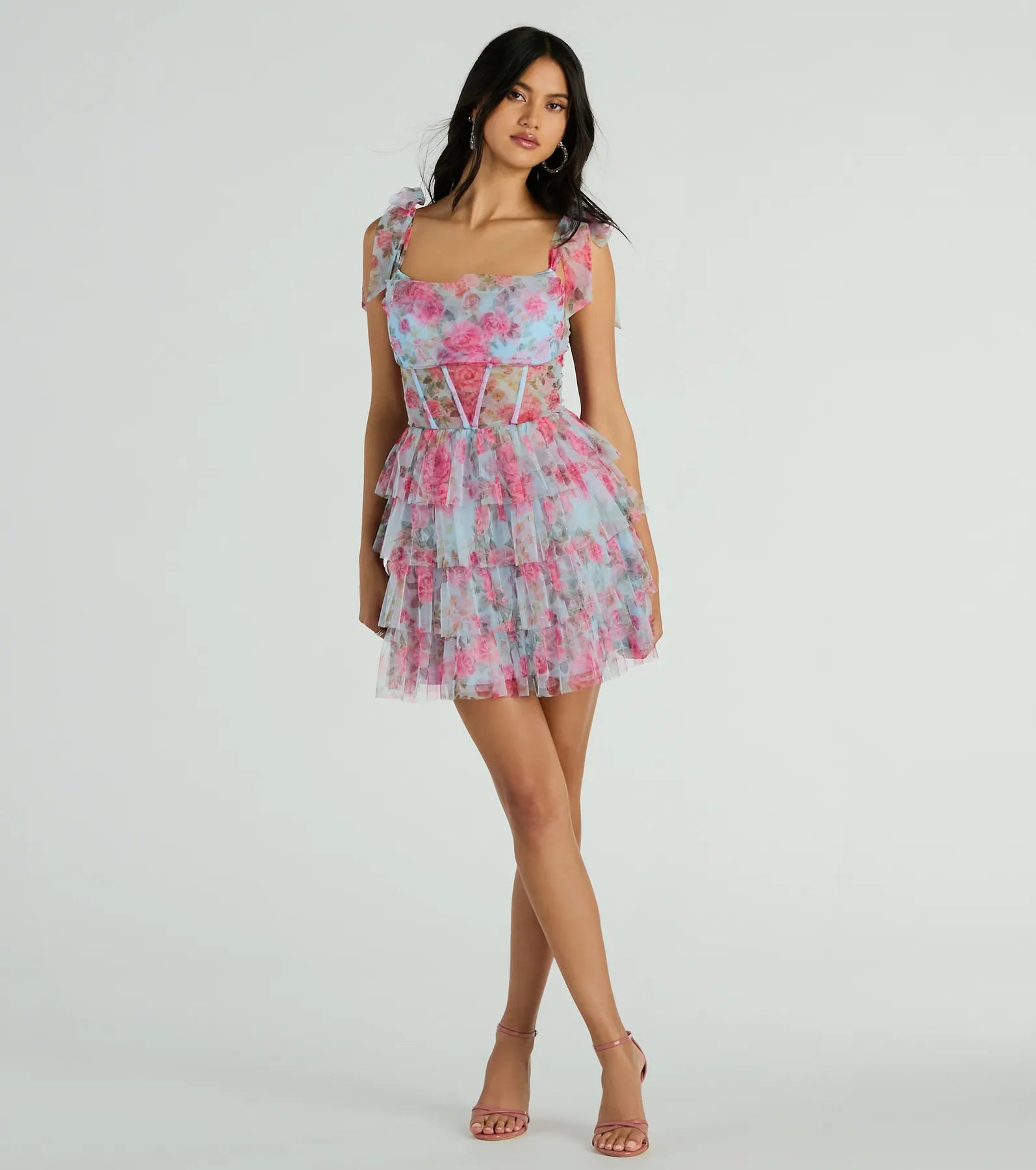 Mandy Corset Ruffle Rose Floral A-Line Party Dress - Image 3