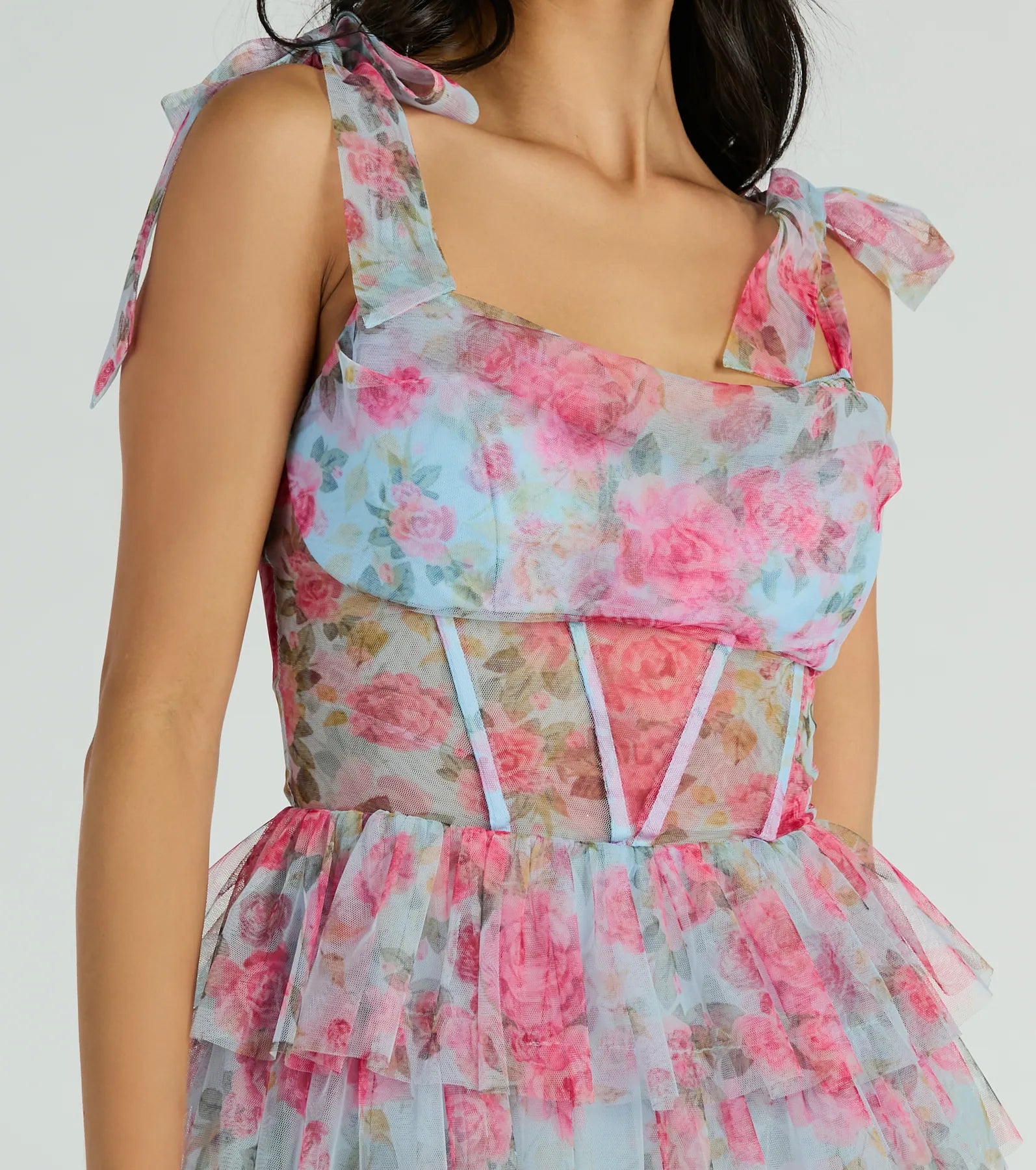 Mandy Corset Ruffle Rose Floral A-Line Party Dress - Image 4