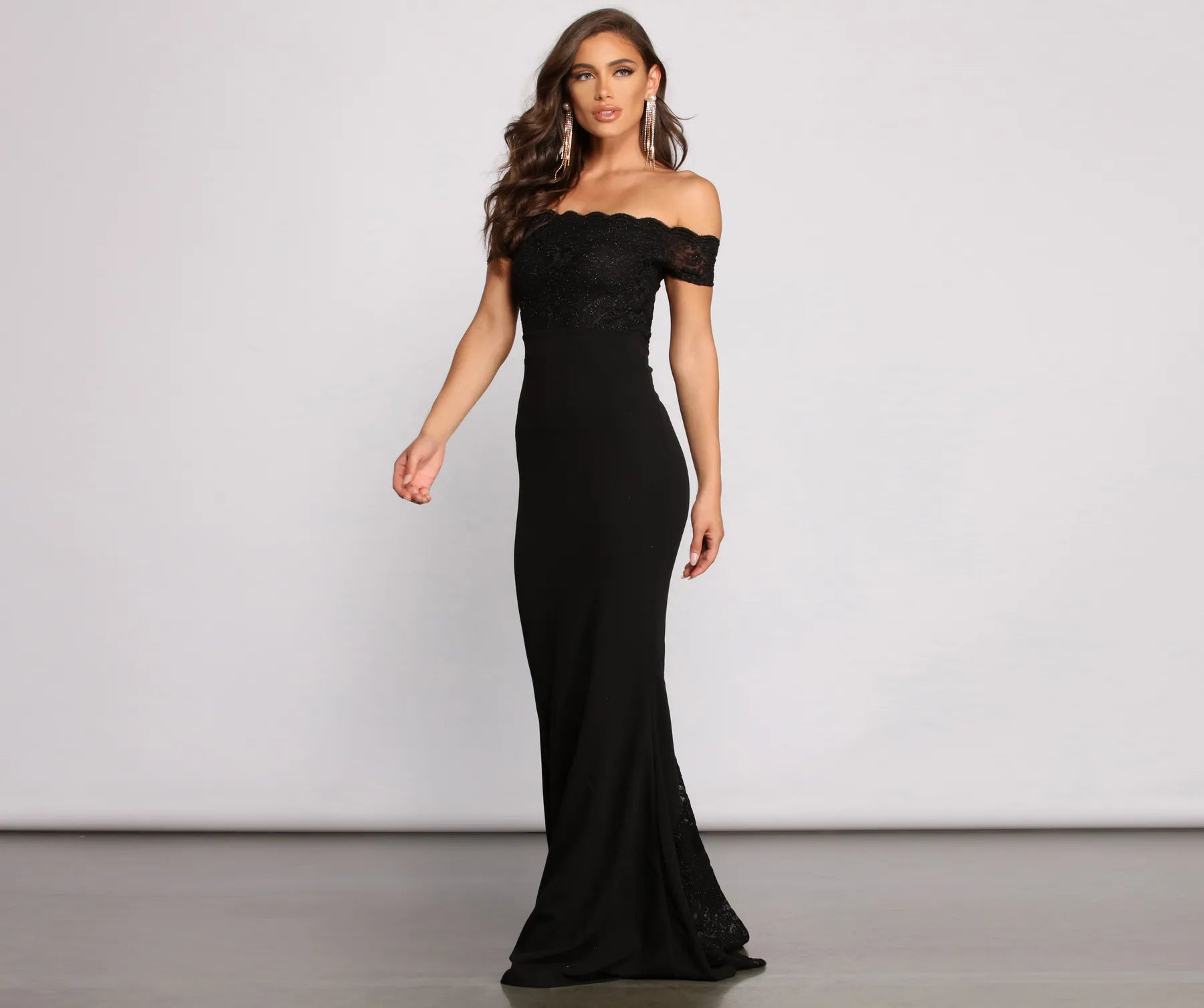 Sierra Formal Off the Shoulder Glitter and Lace Dress - Image 4
