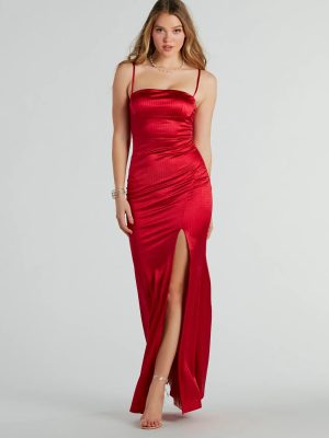 Hallie Rhinestone Satin High Slit Mermaid Dress