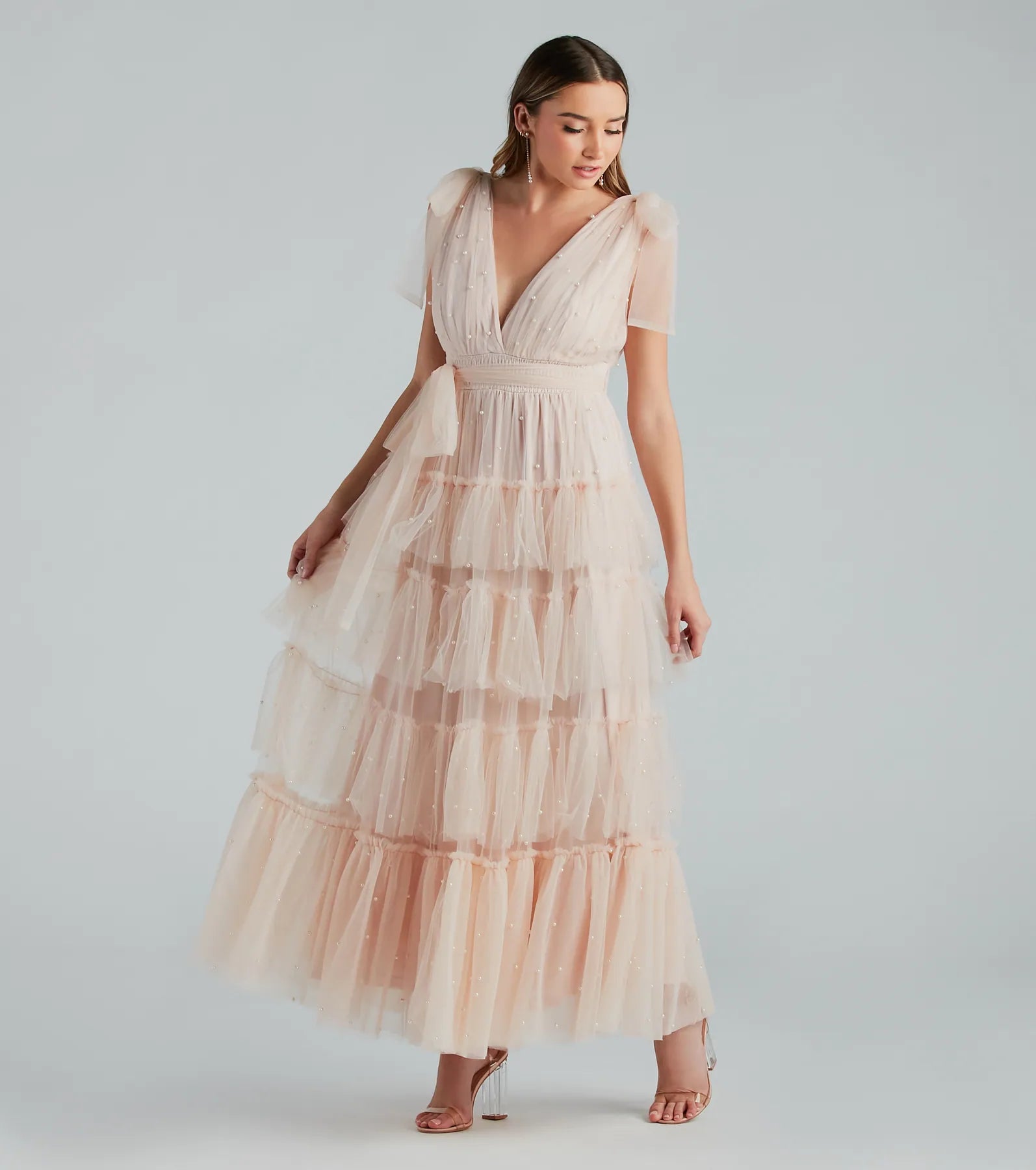 Adele Pearl Detail Ruffle Tulle Formal Dress - Image 2