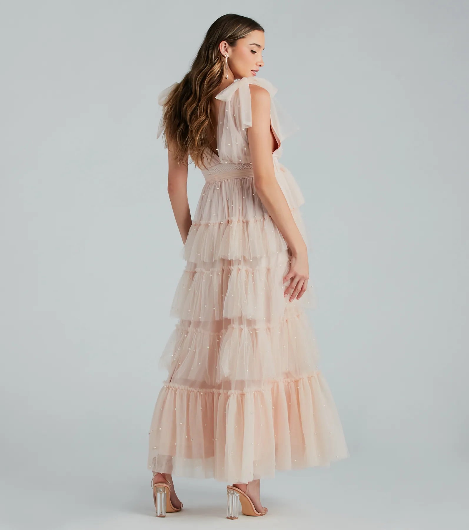 Adele Pearl Detail Ruffle Tulle Formal Dress - Image 3