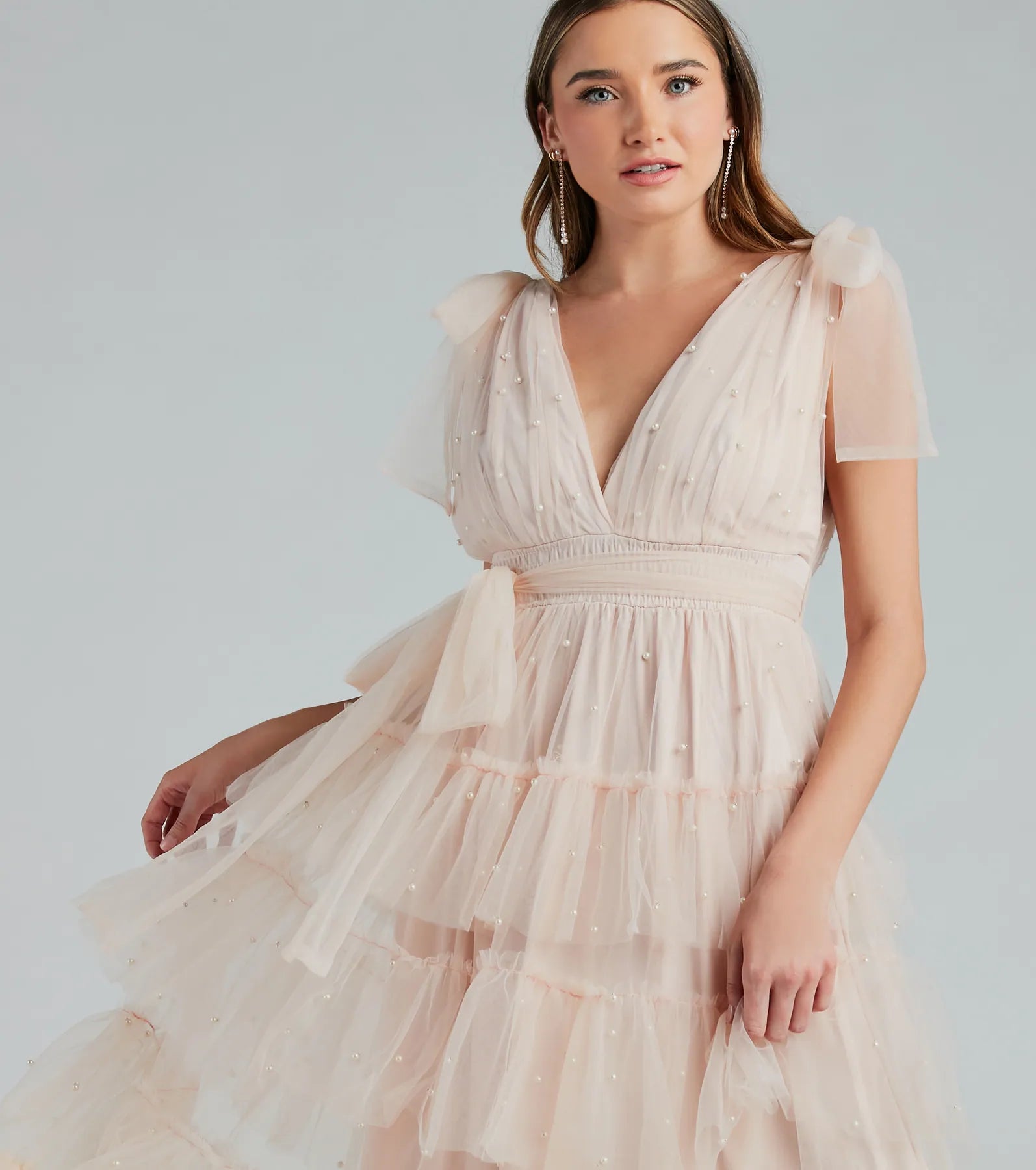 Adele Pearl Detail Ruffle Tulle Formal Dress - Image 4