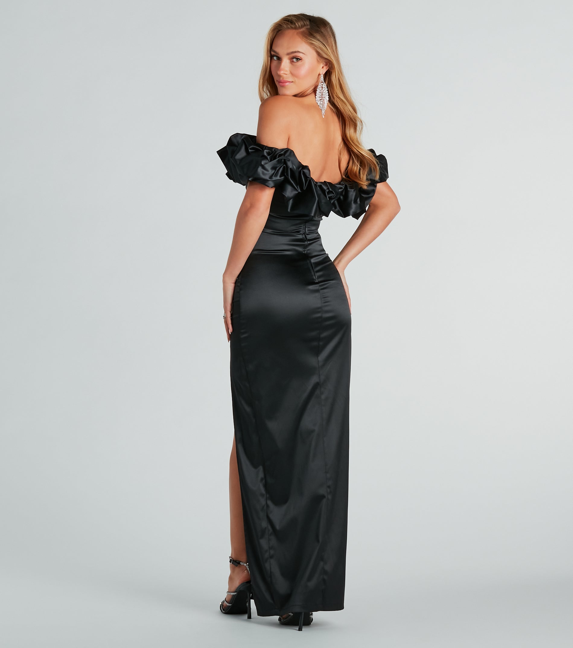 Elodie Formal Ruffled Off-The-Shoulder Satin Mermaid Dress - Image 3