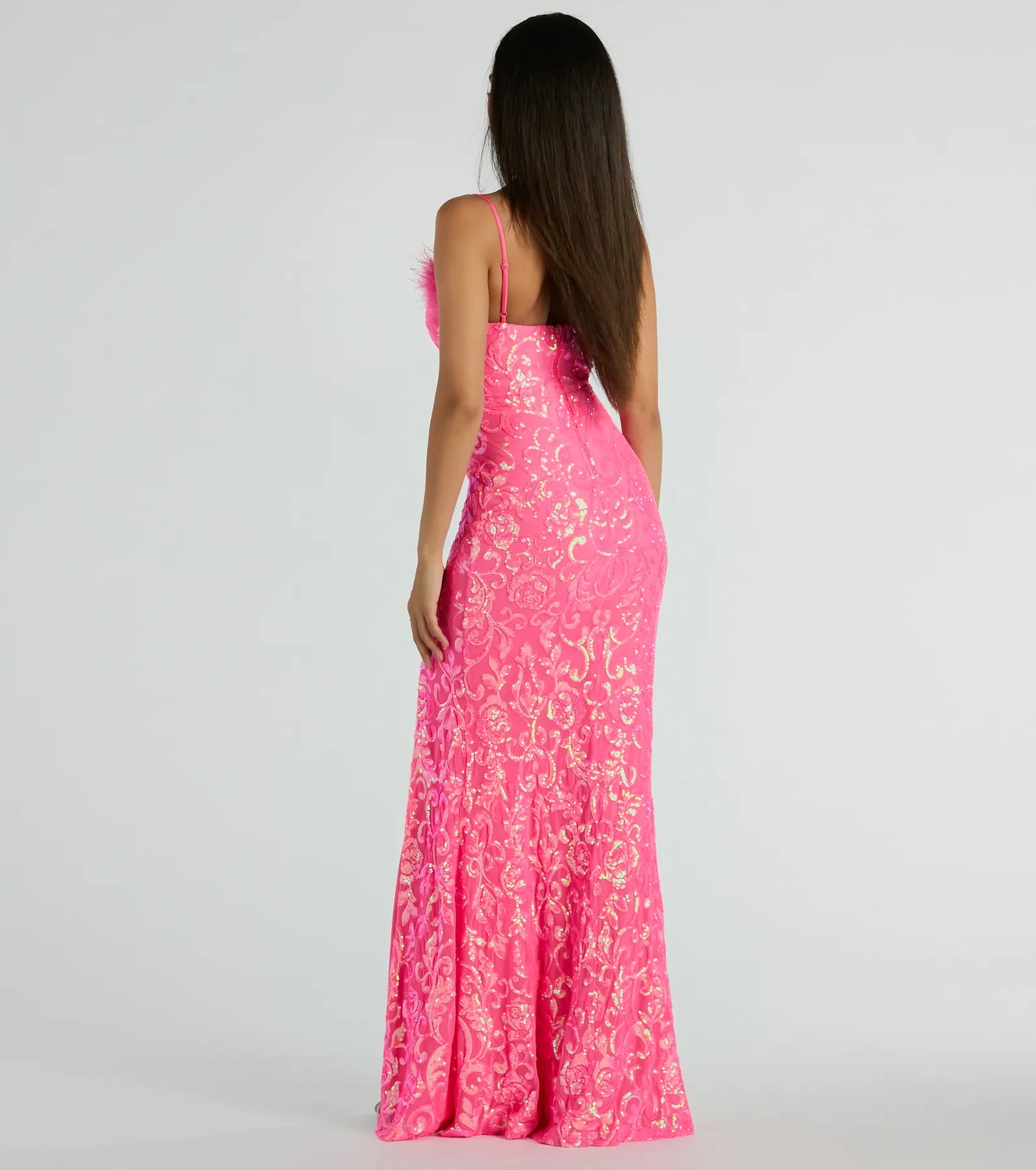 Cara Marabou Trim Mermaid Slit Sequin Formal Dress - Image 2