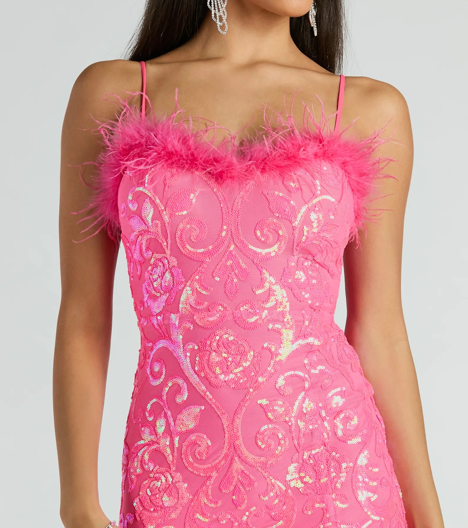 Cara Marabou Trim Mermaid Slit Sequin Formal Dress - Image 3