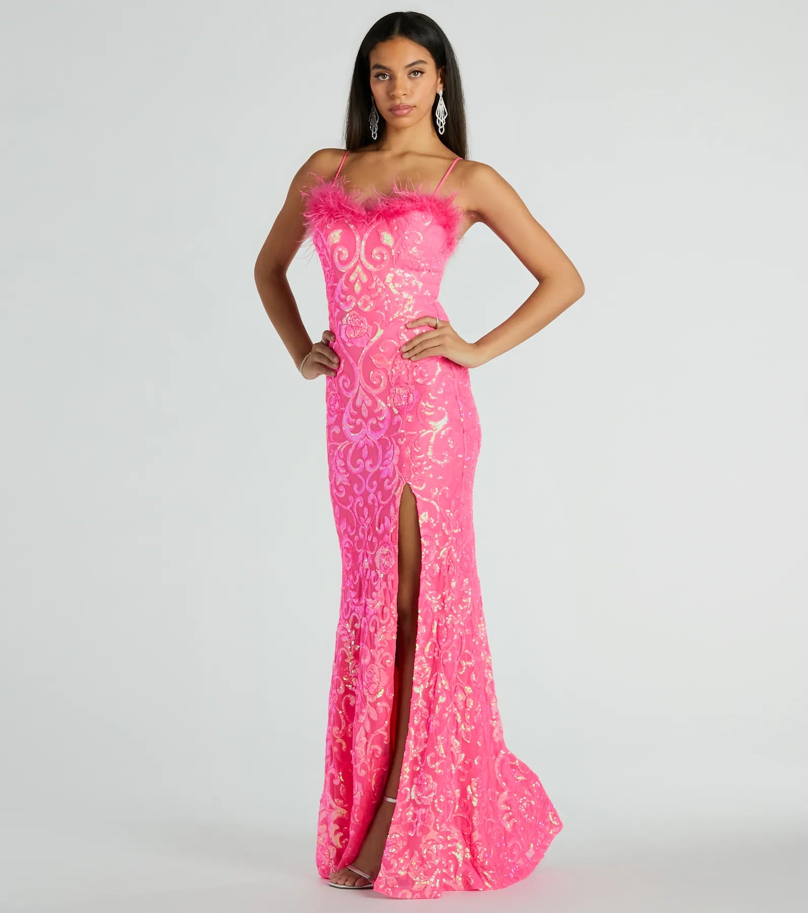 Cara Marabou Trim Mermaid Slit Sequin Formal Dress - Image 4