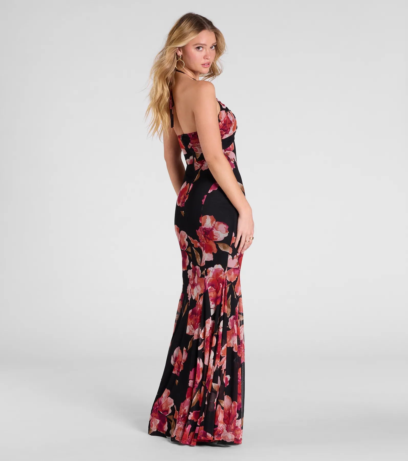 Malia Halter Mermaid Floral Mesh Formal Dress - Image 2