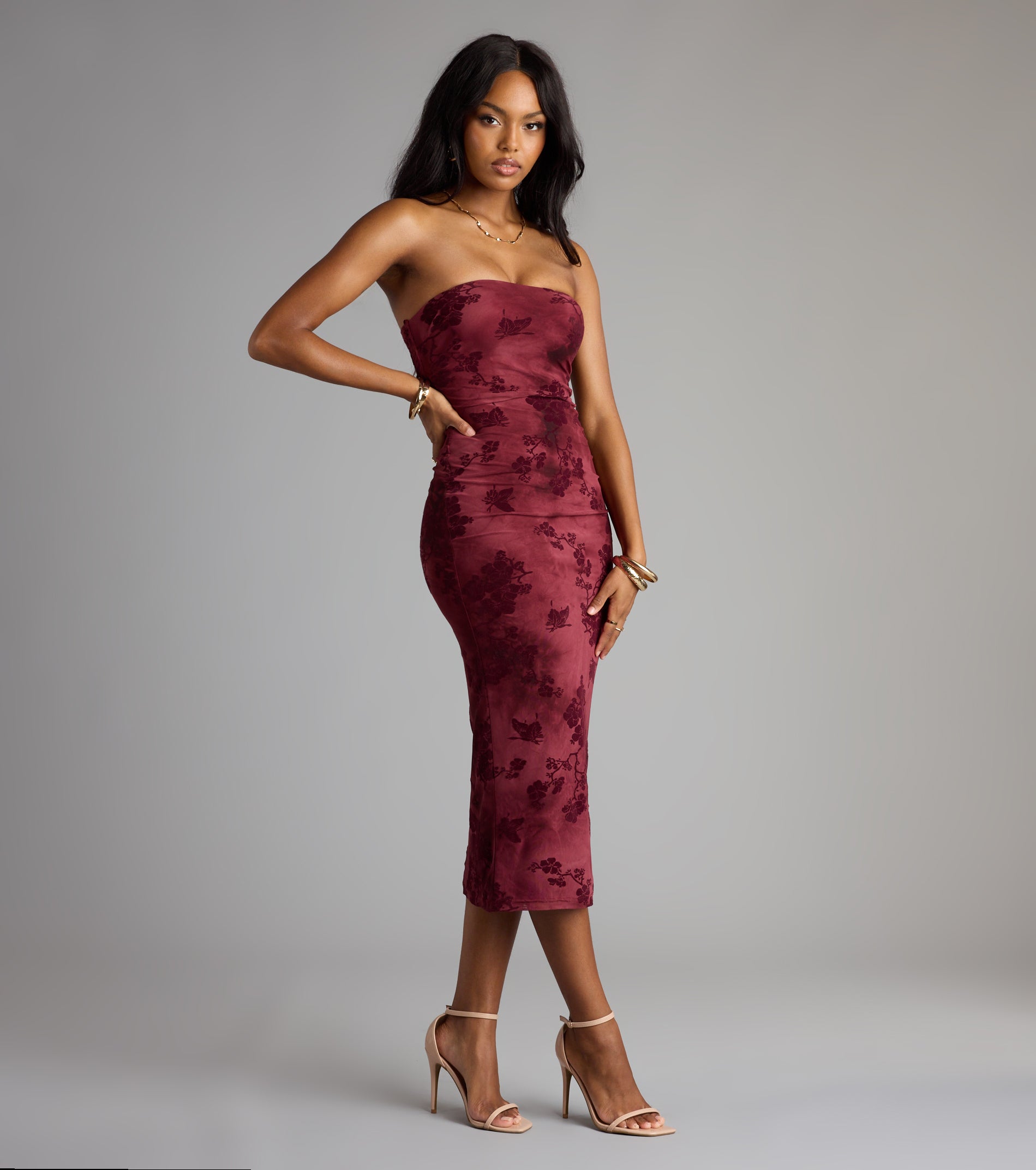 Crushing On Velvet Flocked Floral Midi Dress - Image 4