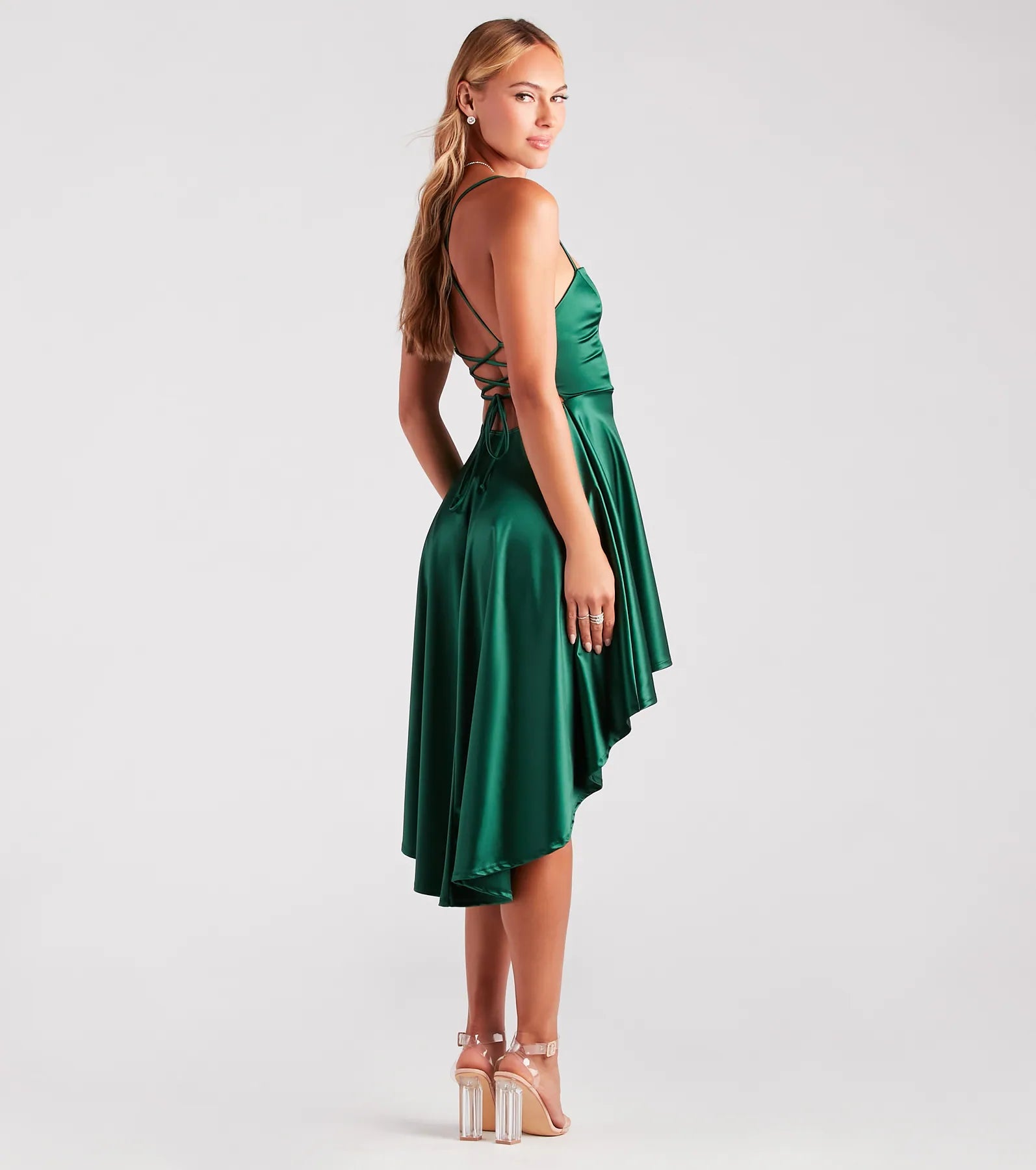 Make A Move Satin Lace-Up High Low Dress - Image 2