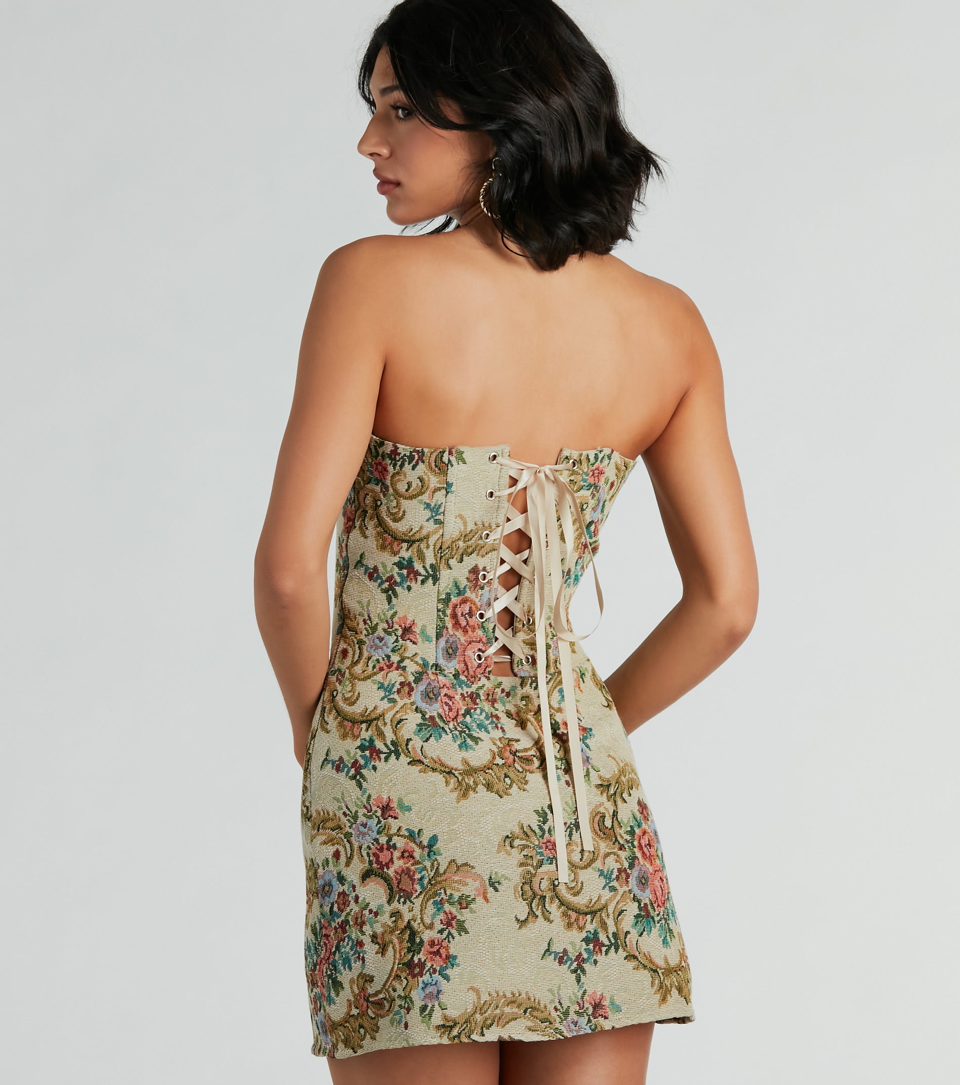 Romance Me Lace-Up Floral Woven Mini Dress - Image 3