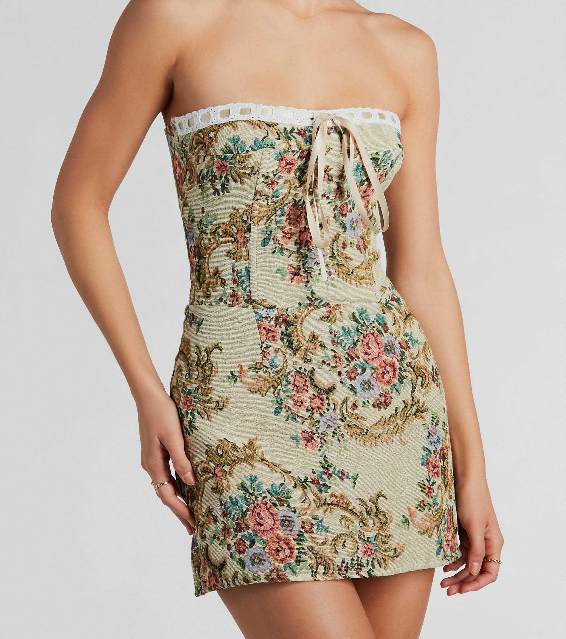 Romance Me Lace-Up Floral Woven Mini Dress - Image 2