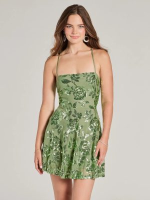 Sparkling Beauty Lace-Up Floral Sequin Skater Dress