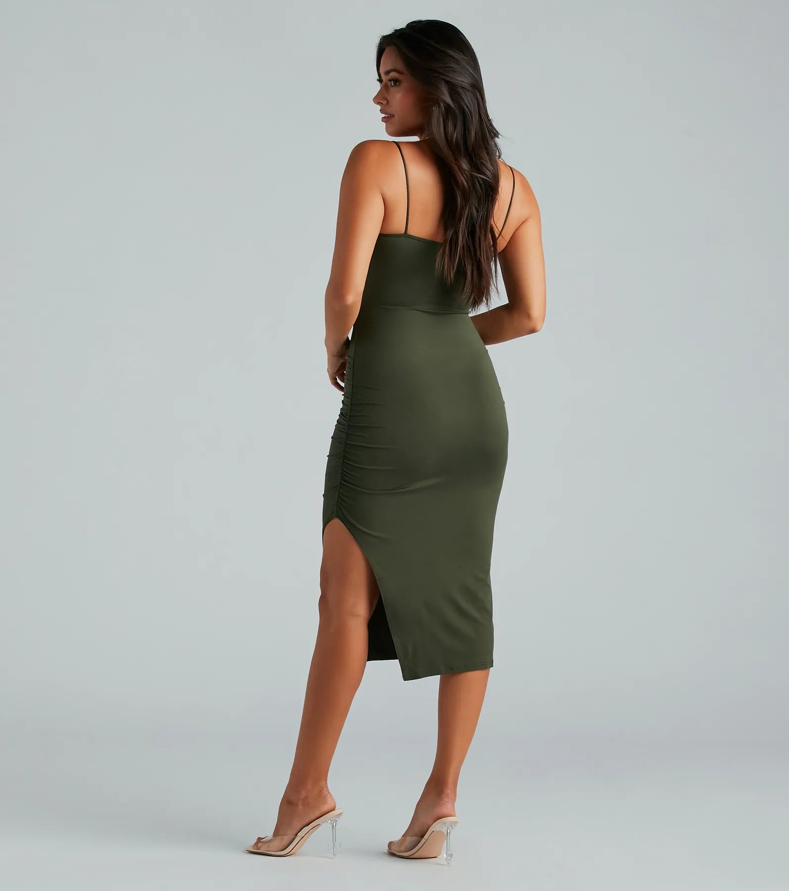 Make It Cute Sleeveless Ruched Slit Midi Dress - Image 2