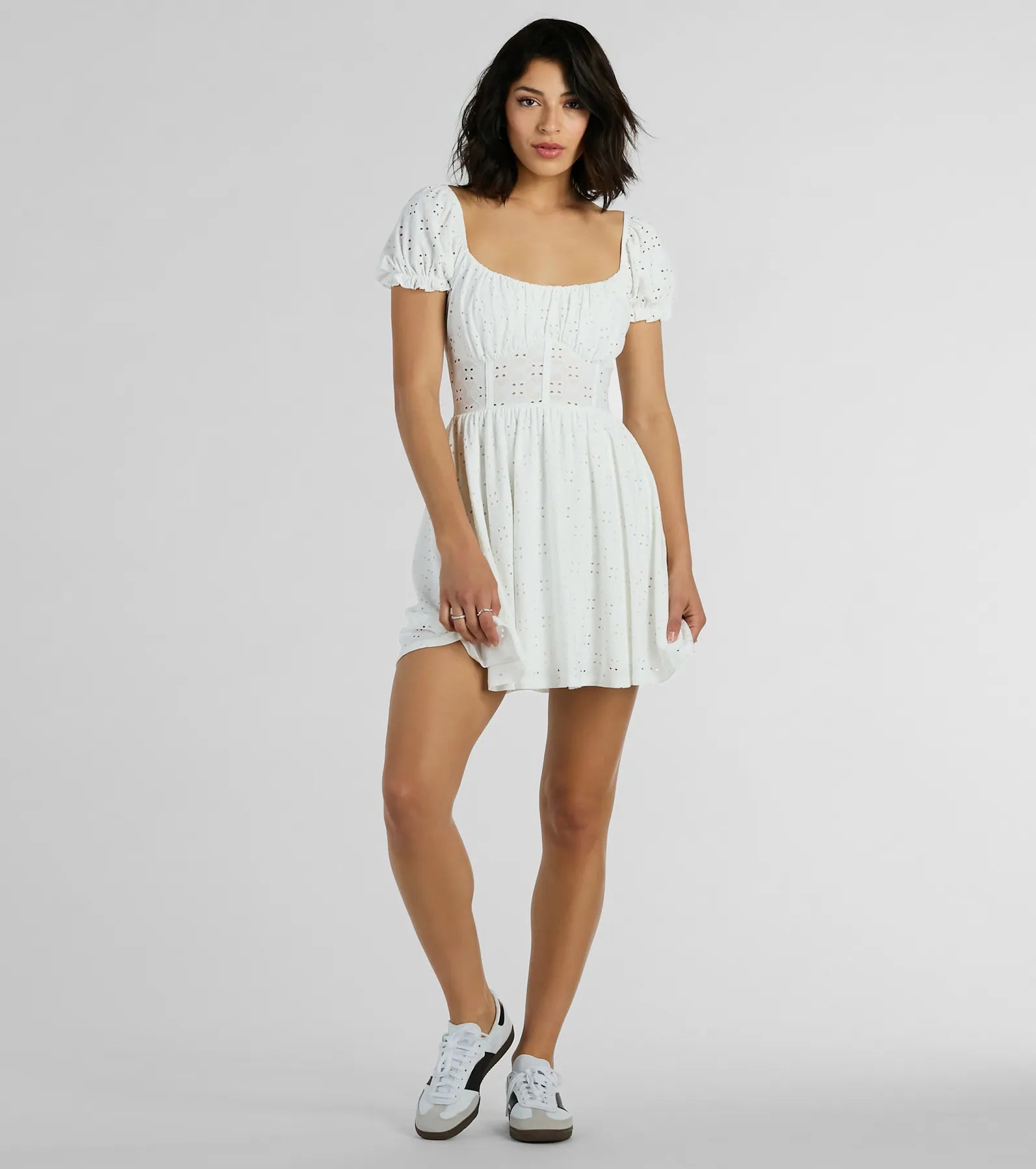Charming Appeal Puff Sleeve Eyelet Knit Skater Dress - Image 3
