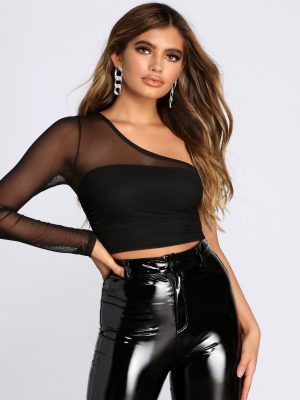 One Shoulder Mesh Crop Top
