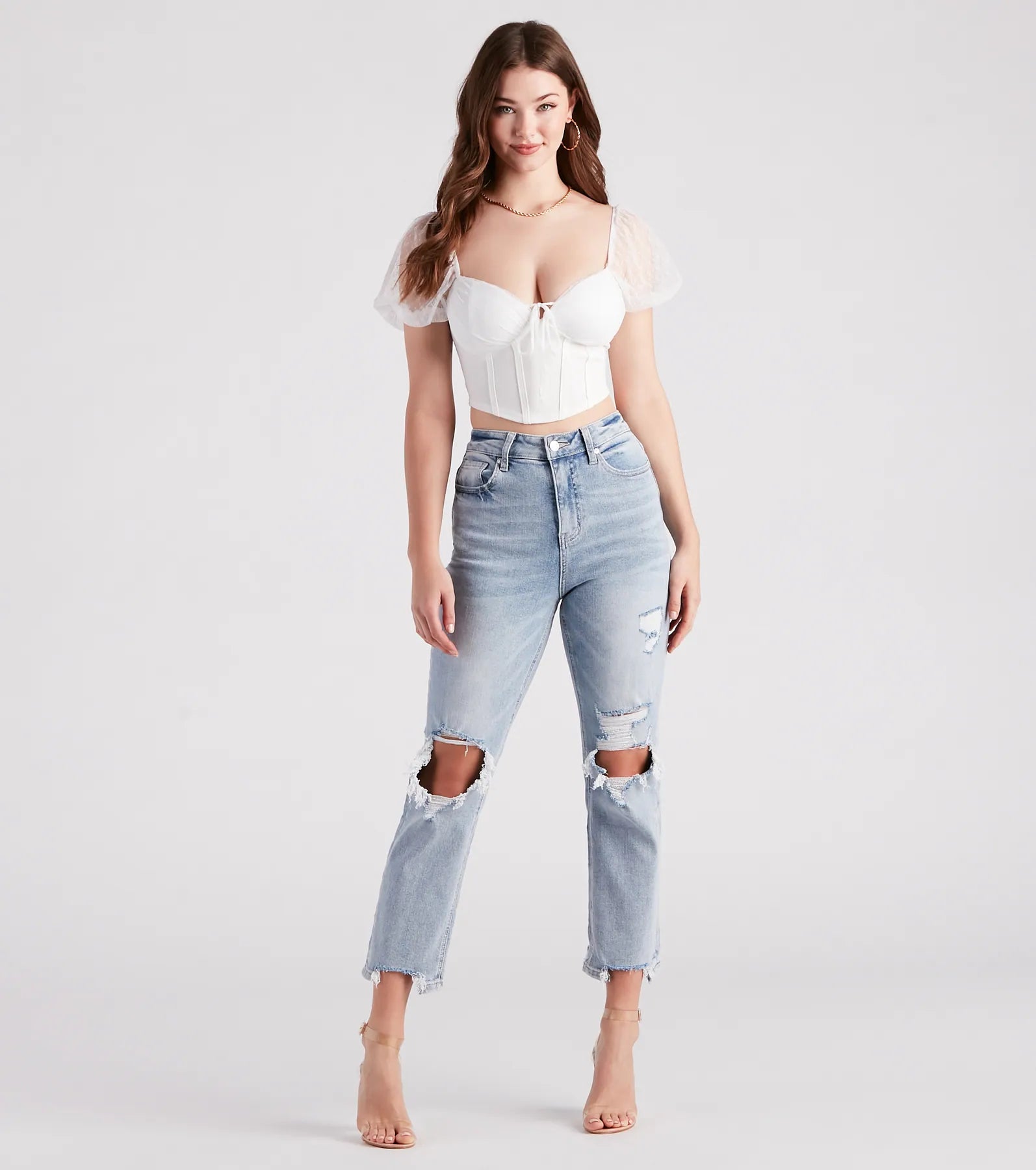 Cute Staple Mesh Puff Sleeve Bustier - Image 3