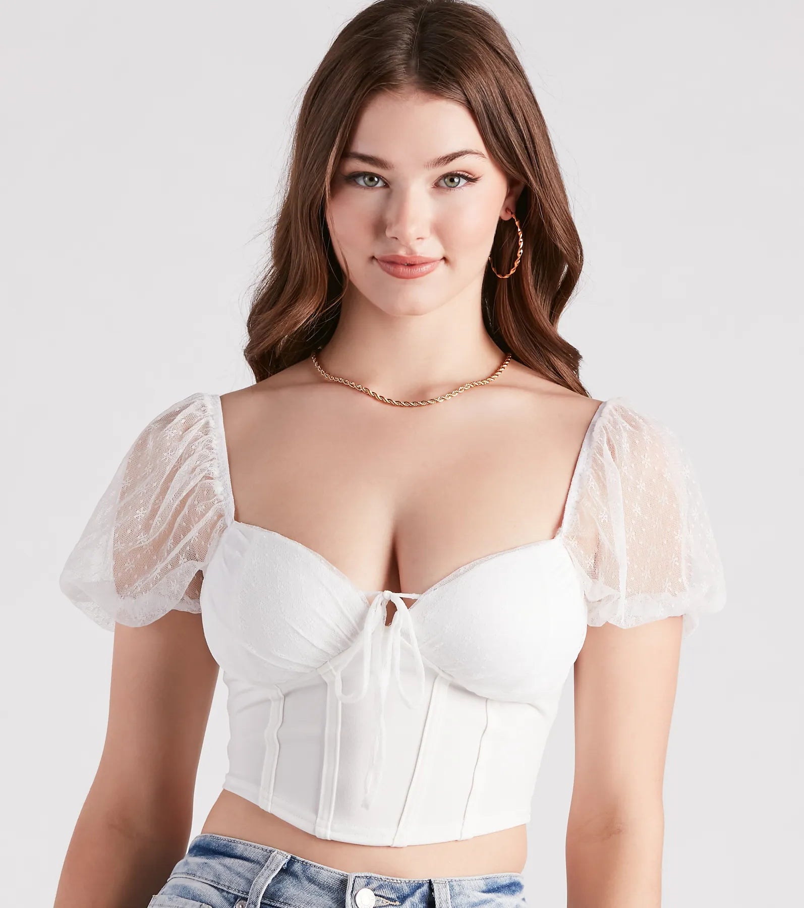 Cute Staple Mesh Puff Sleeve Bustier - Image 4