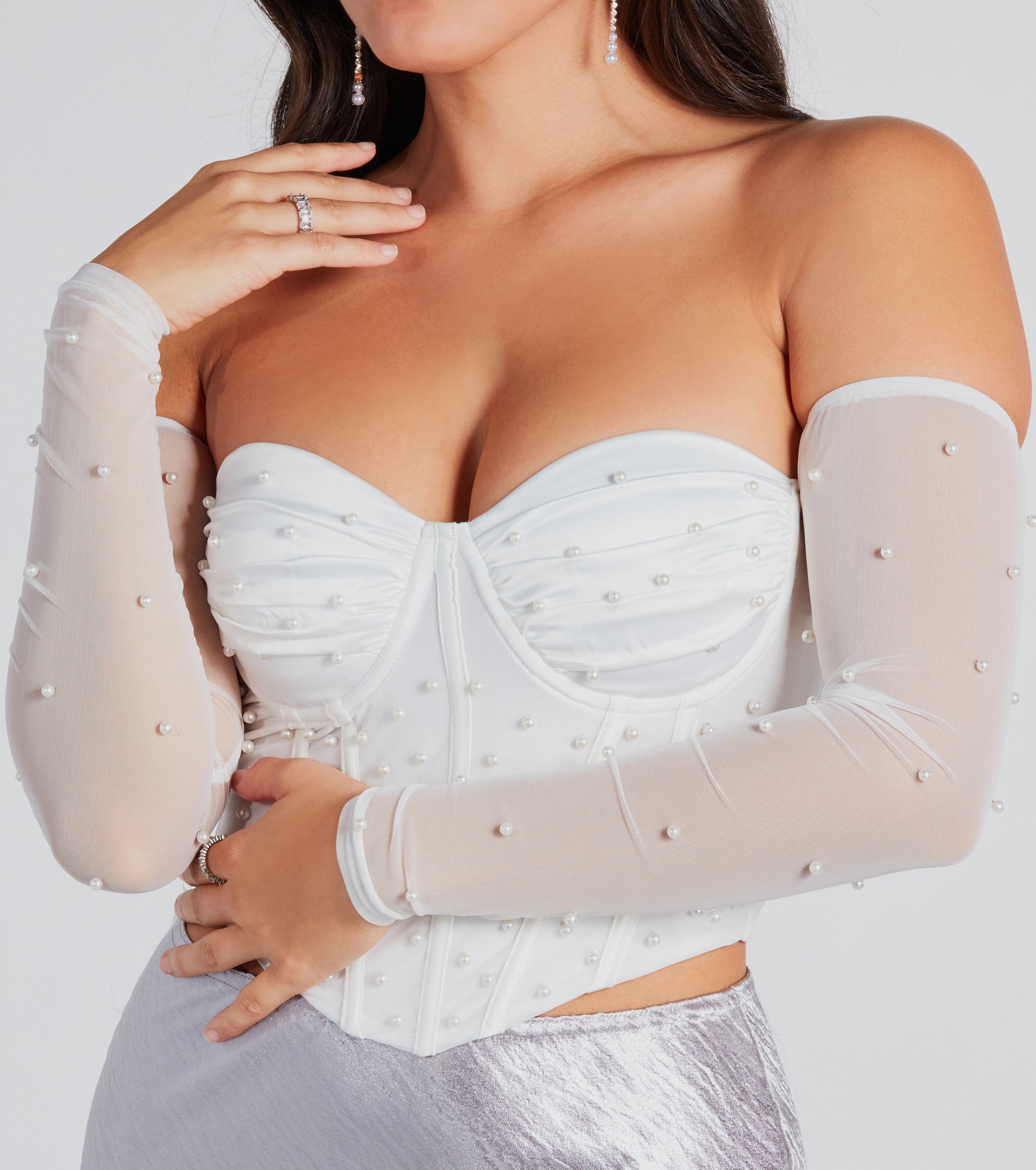 Glam Bombshell Faux Pearl Mesh Bustier - Image 8