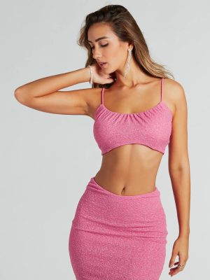 Glittery Vibes Ruched Spaghetti Strap Crop Top
