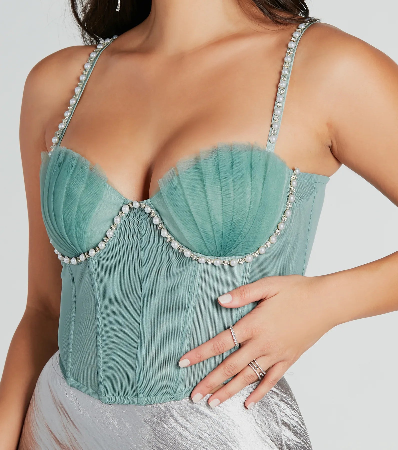 Dreamy Pearl And Rhinestone Trim Bustier Top - Image 3